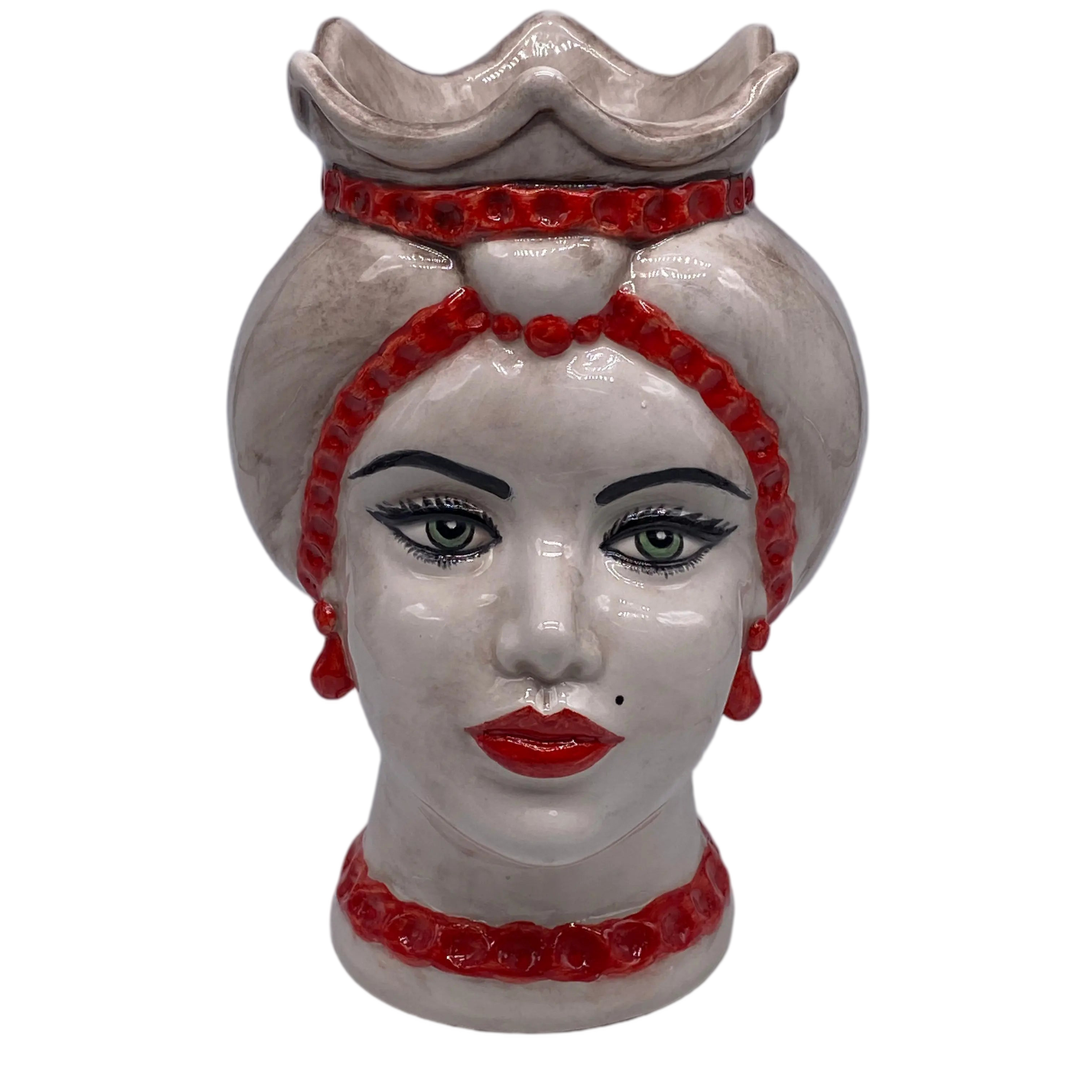 Teste di Moro Luis Ceramica Caltagirone cm H.22 L.15 Artigianale Turbante Liscio Écru Rosso DD CERAMICHE SICILIANE