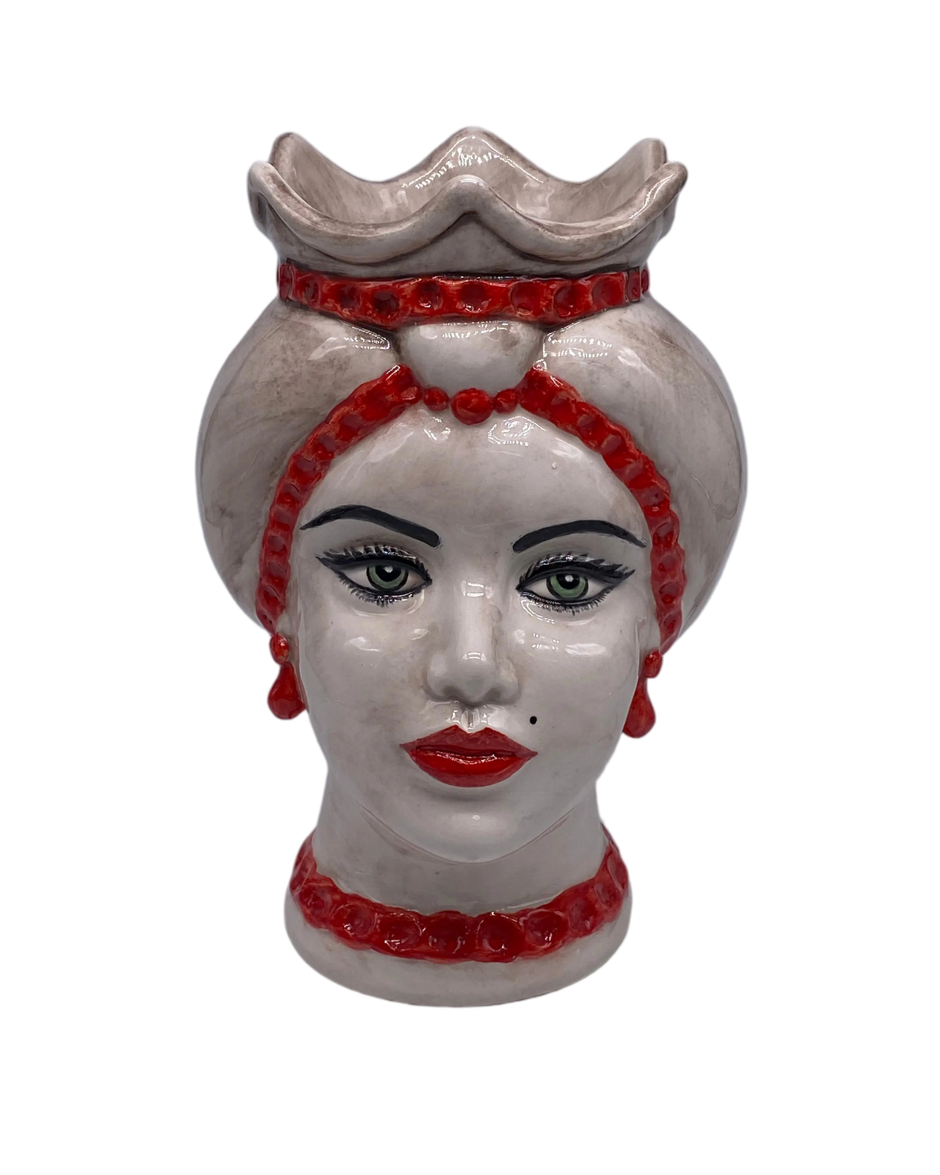 Teste di Moro Luis Ceramica Caltagirone cm H.22 L.15 Artigianale Turbante Liscio Écru Rosso DD CERAMICHE SICILIANE