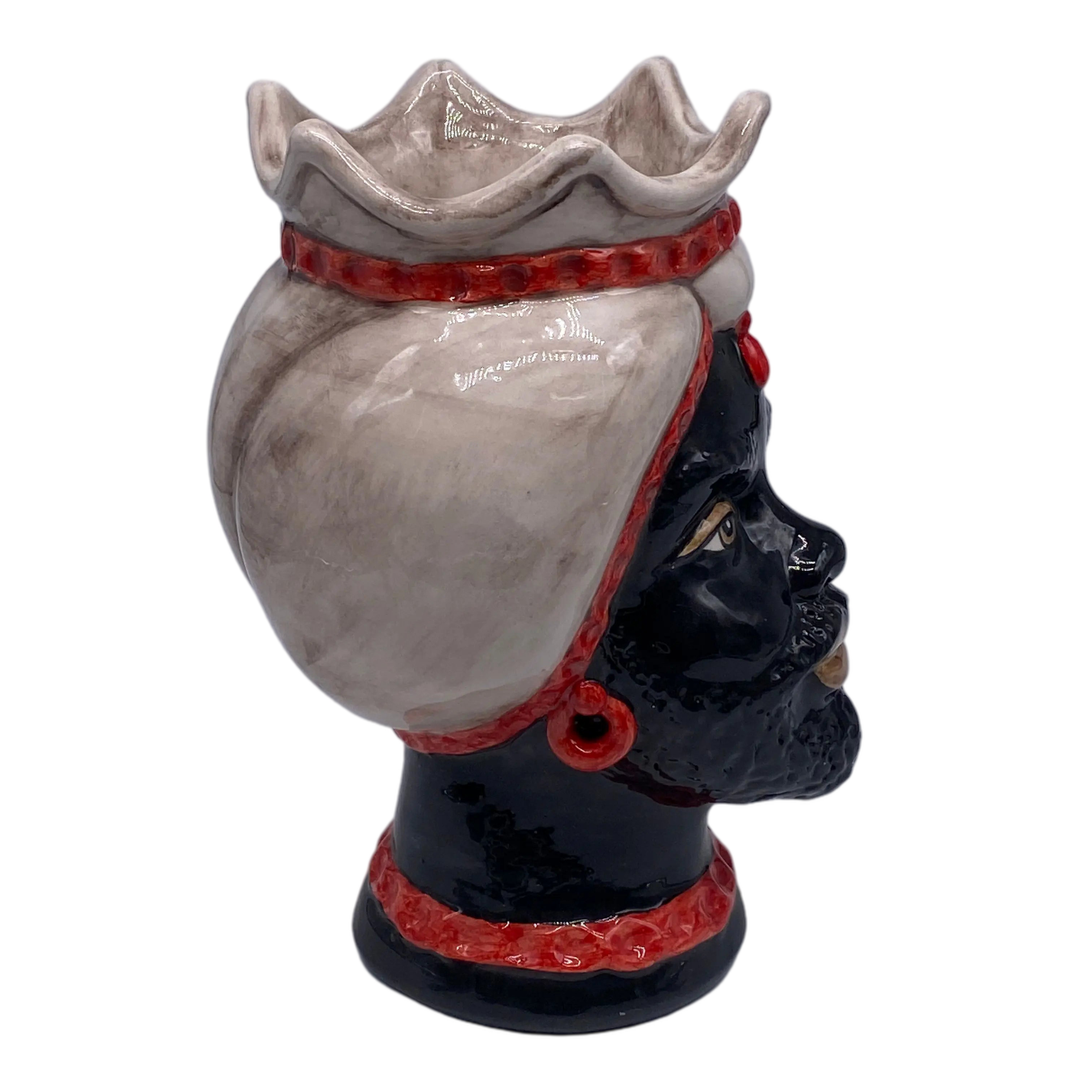 Teste di Moro Luis Ceramica Caltagirone cm H.22 L.15 Artigianale Turbante Liscio Écru Rosso DD CERAMICHE SICILIANE