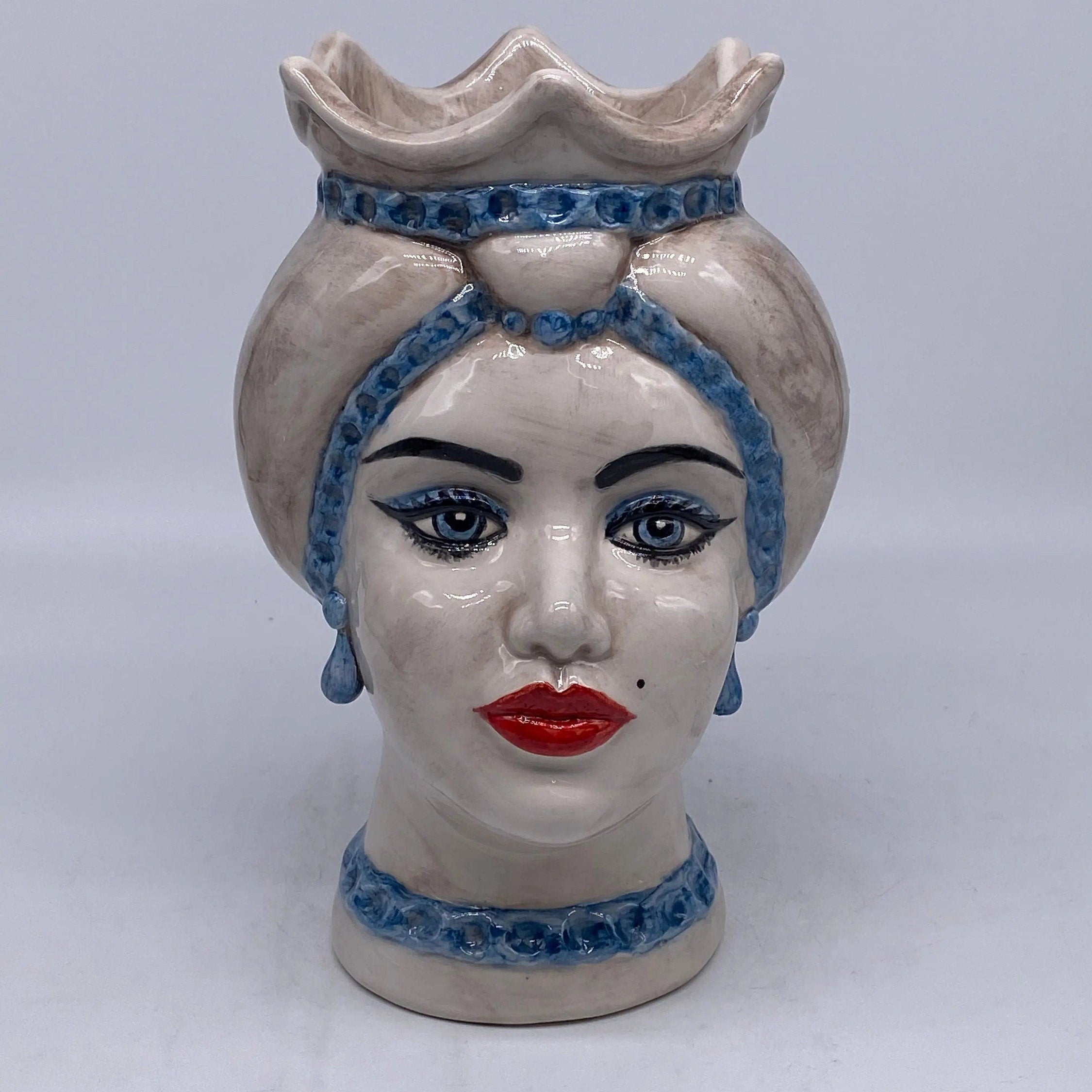 Teste di Moro Luis Ceramica Caltagirone cm H.22 L.15 Artigianale Turbante Liscio Écru Blu DD CERAMICHE SICILIANE