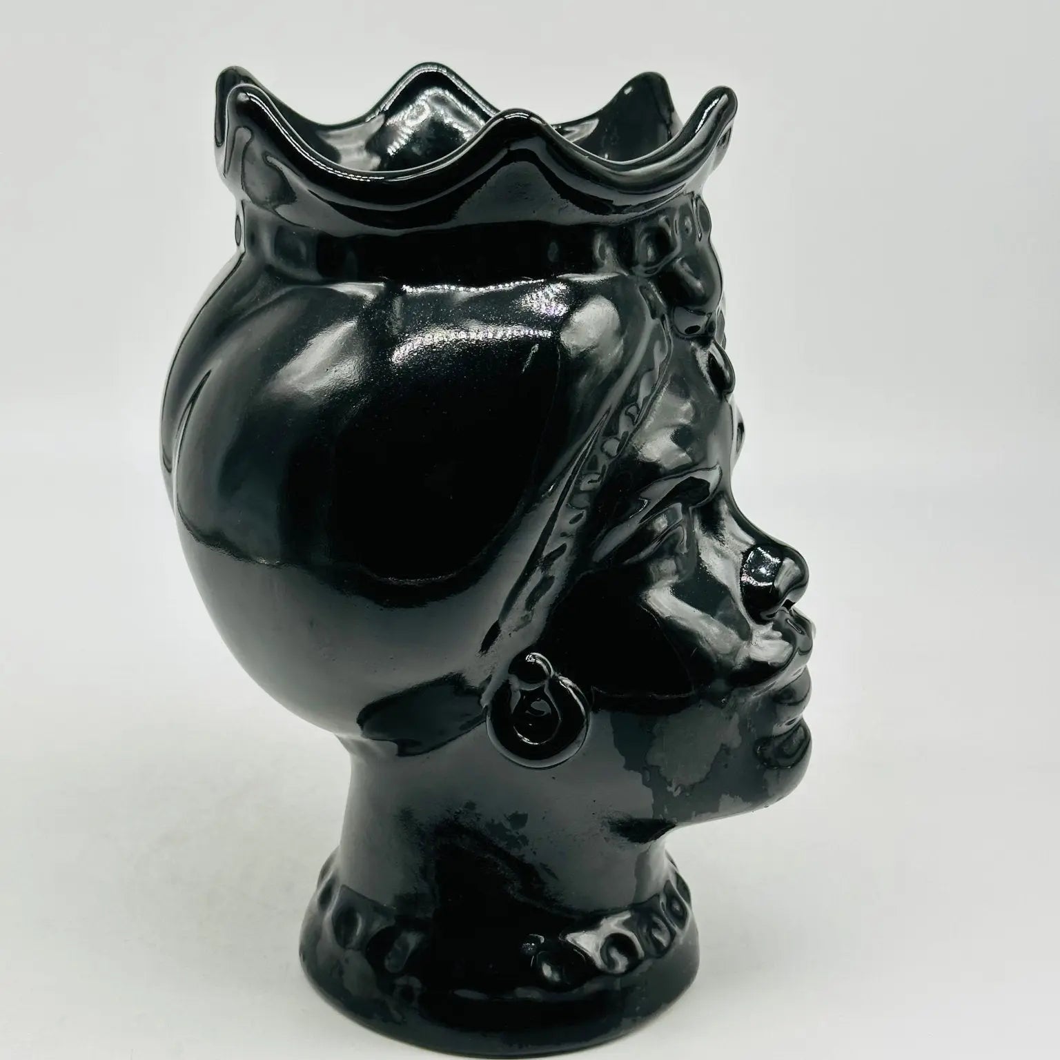 Teste di Moro Luis Ceramica Caltagirone cm H.22 L.15 Artigianale Turbante Nero Lucido - TESTA DI MORO