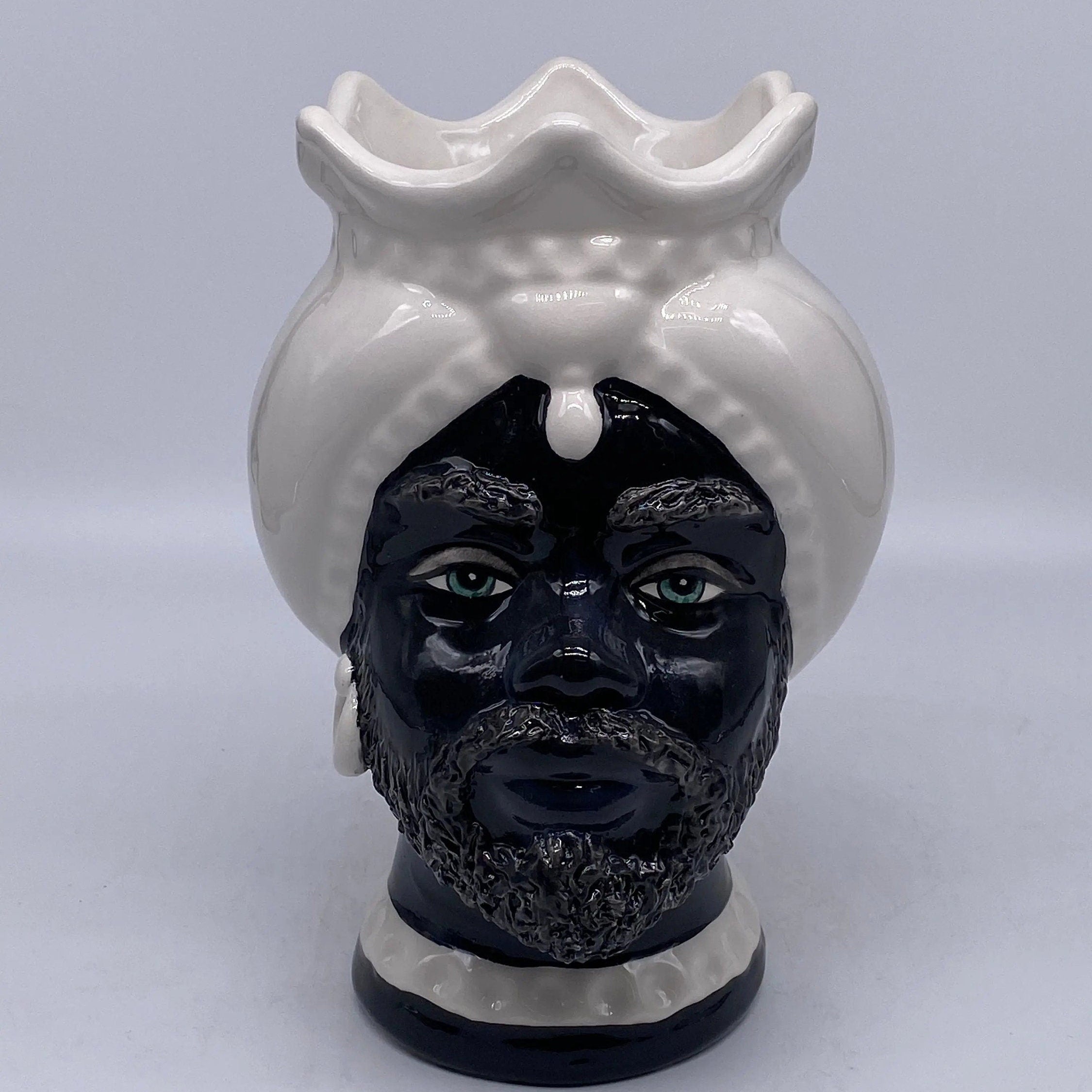 Teste di Moro Luis Ceramica Caltagirone cm H.22 L.15 Artigianale Turbante Liscio Bianco Nero DD CERAMICHE SICILIANE