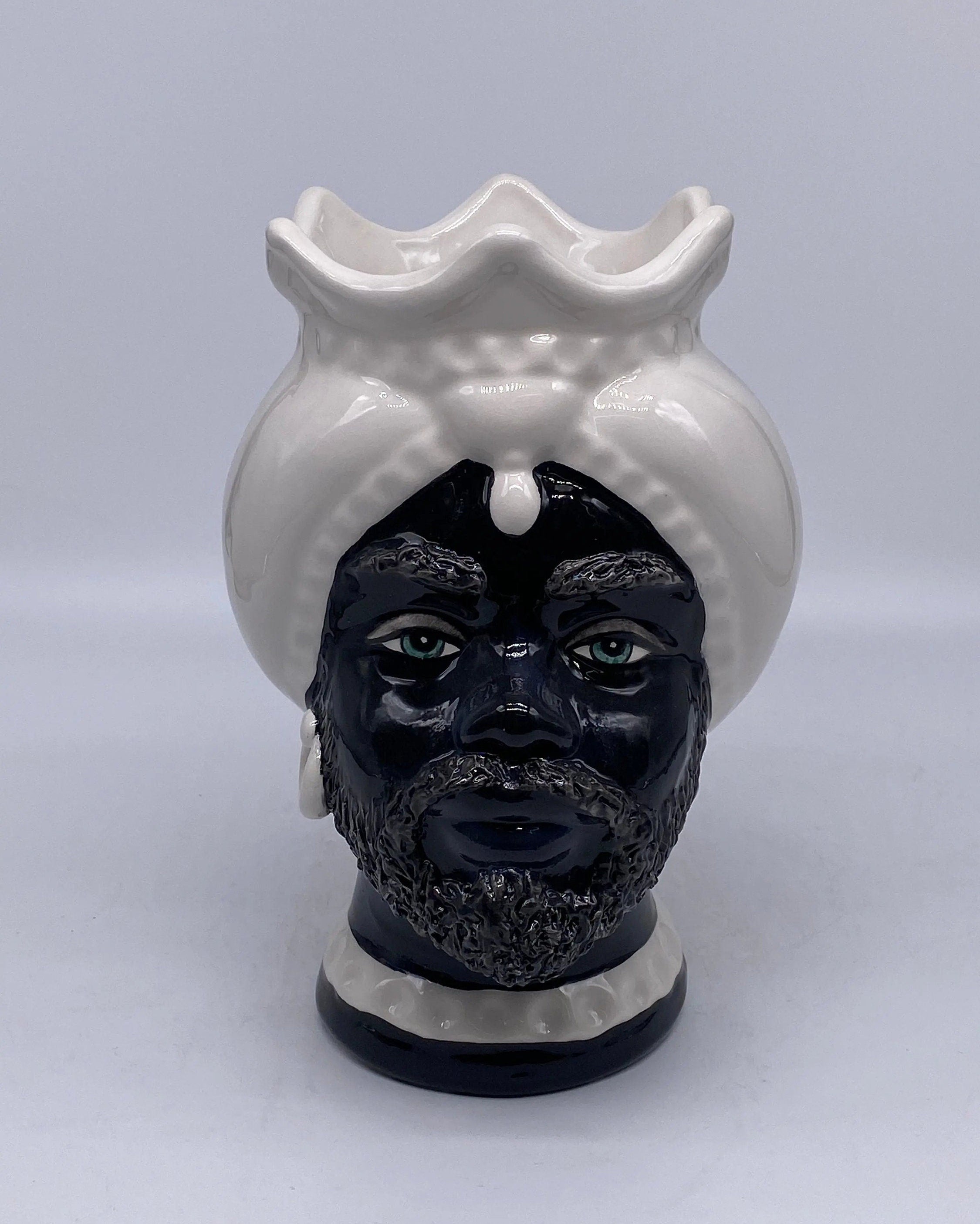 Teste di Moro Luis Ceramica Caltagirone cm H.22 L.15 Artigianale Turbante Liscio Bianco Nero DD CERAMICHE SICILIANE