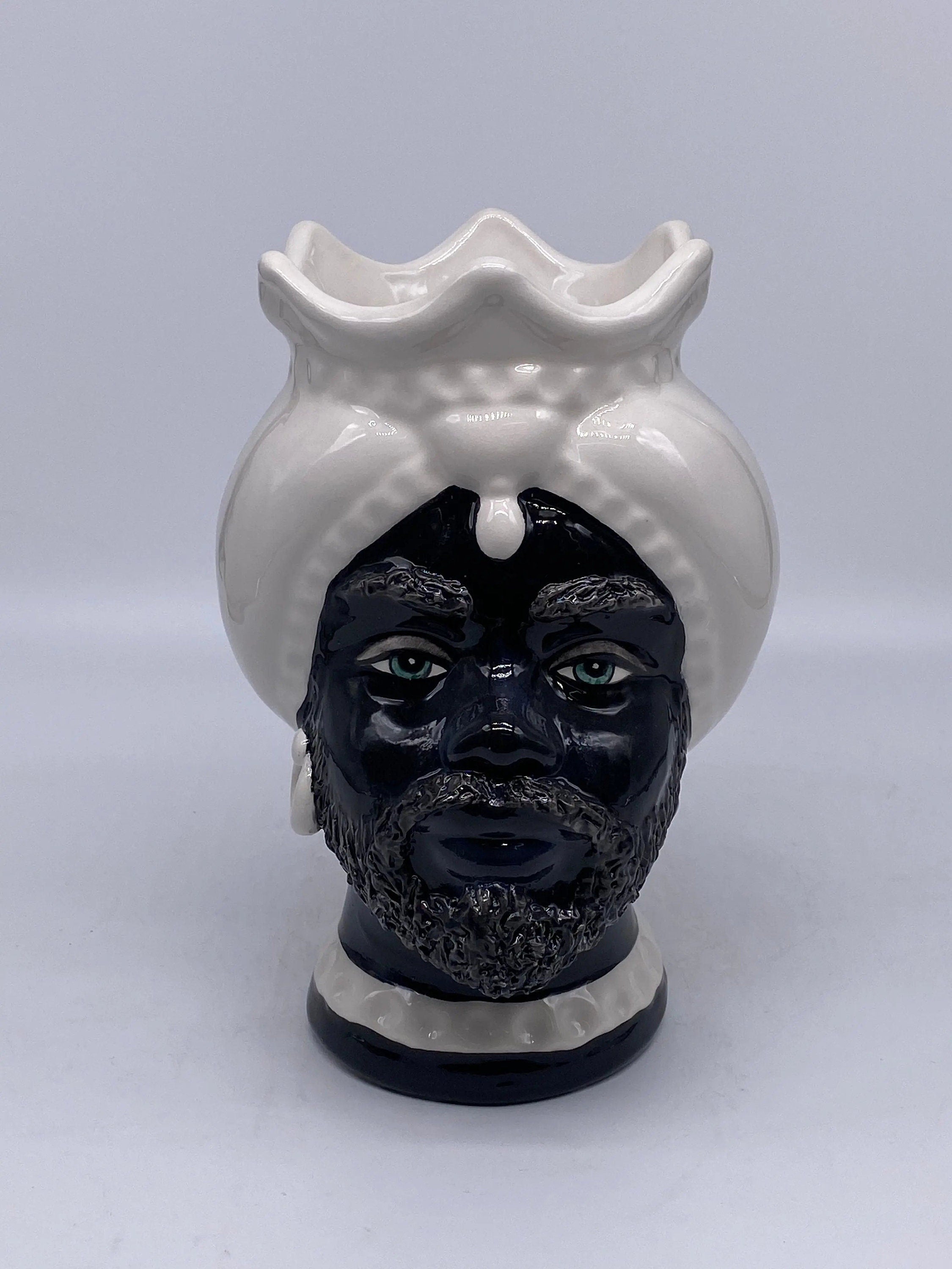 Teste di Moro Luis Ceramica Caltagirone cm H.22 L.15 Artigianale Turbante Liscio Bianco Nero DD CERAMICHE SICILIANE