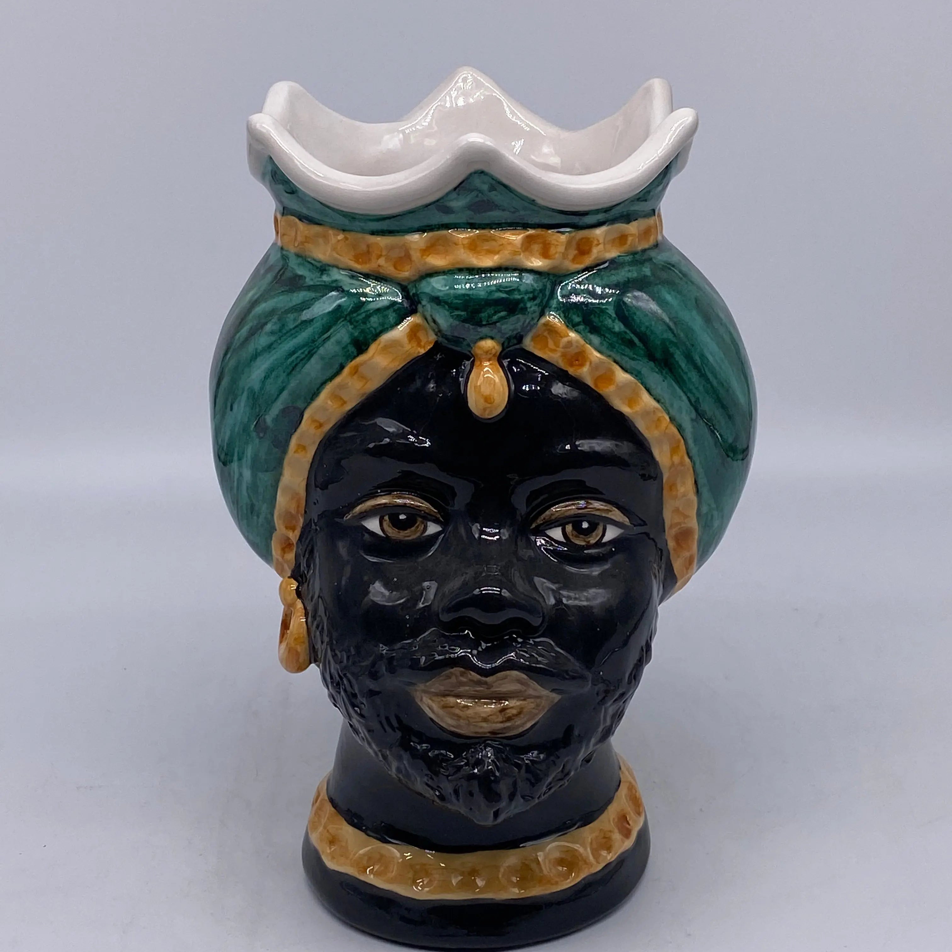 Teste di Moro Luis Ceramica Caltagirone cm H.22 L.15 Artigianale Turbante Liscio Verde Ocra DD CERAMICHE SICILIANE