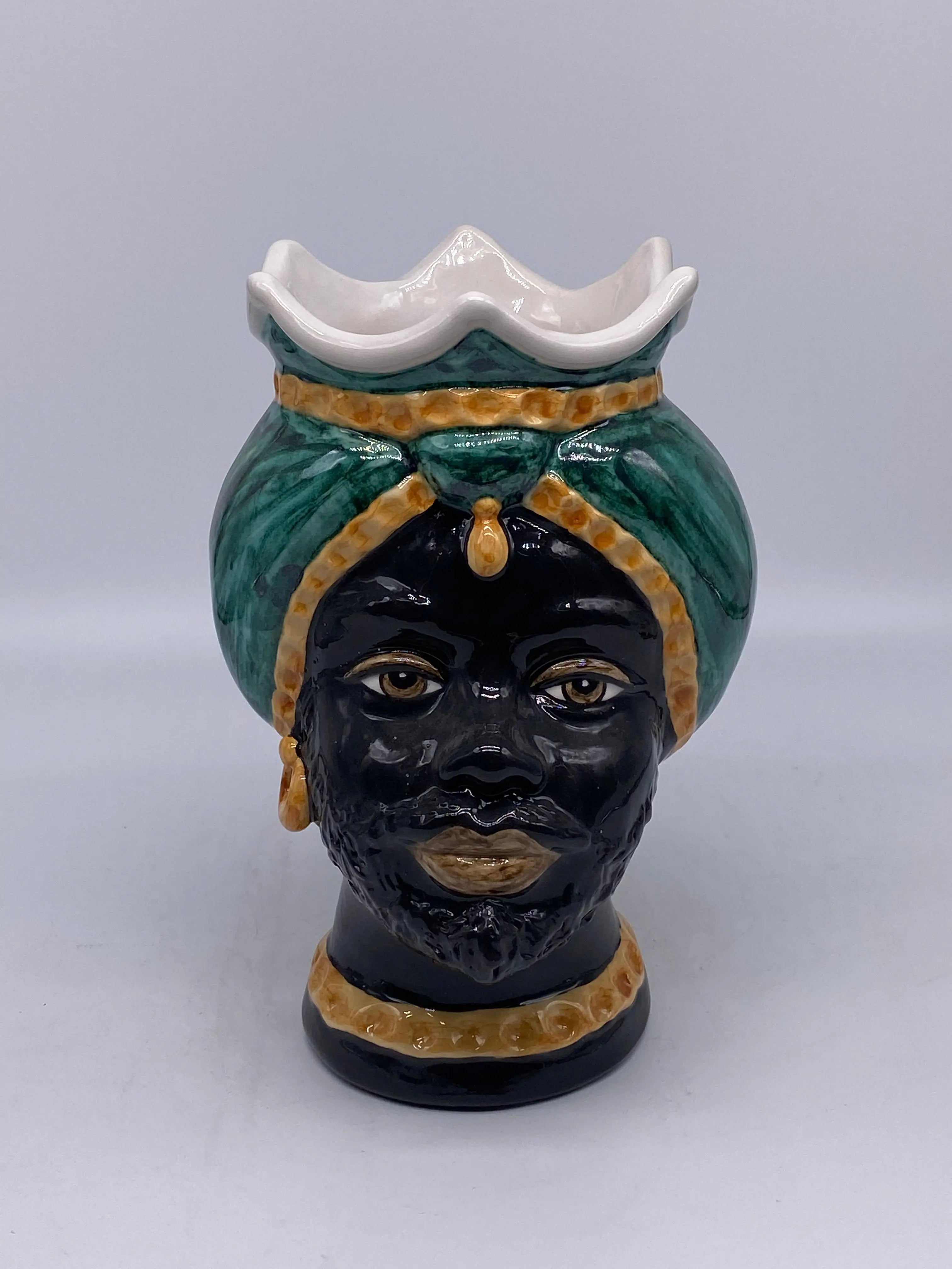 Teste di Moro Luis Ceramica Caltagirone cm H.22 L.15 Artigianale Turbante Liscio Verde Ocra DD CERAMICHE SICILIANE