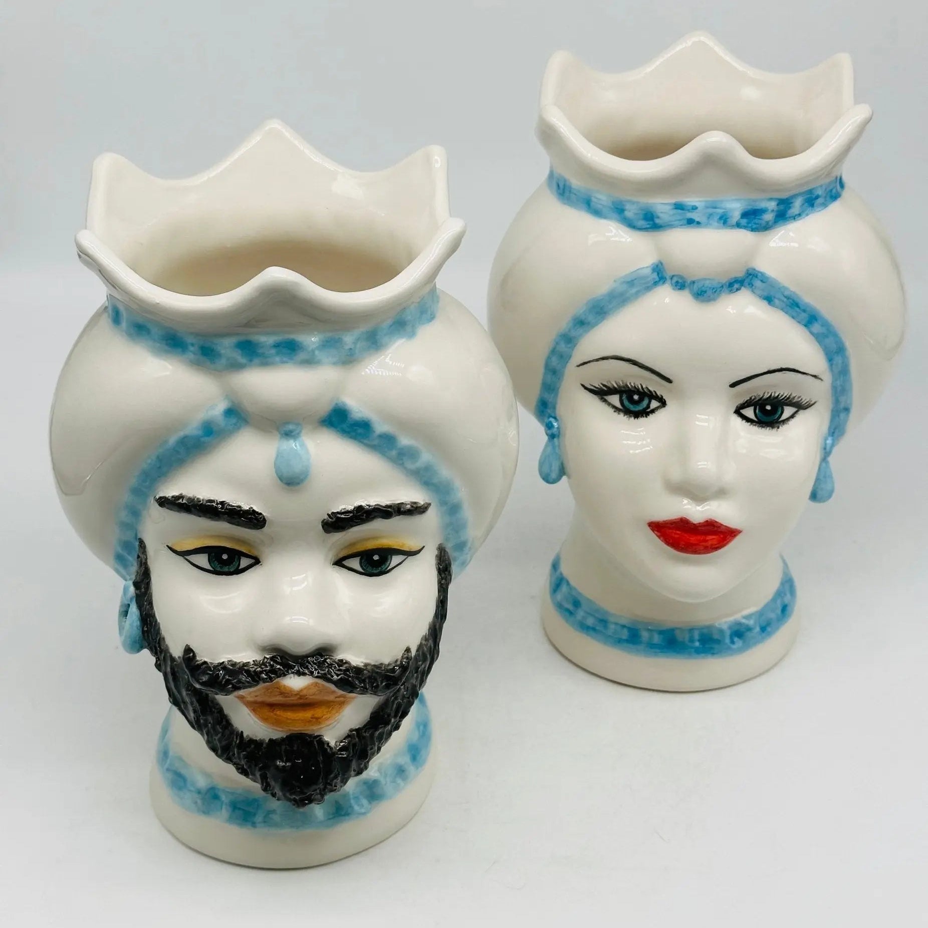 Teste di Moro Luis Ceramica Caltagirone cm H.22 L.15 Artigianale Turbante Liscio Bianco Celeste - TESTA DI MORO