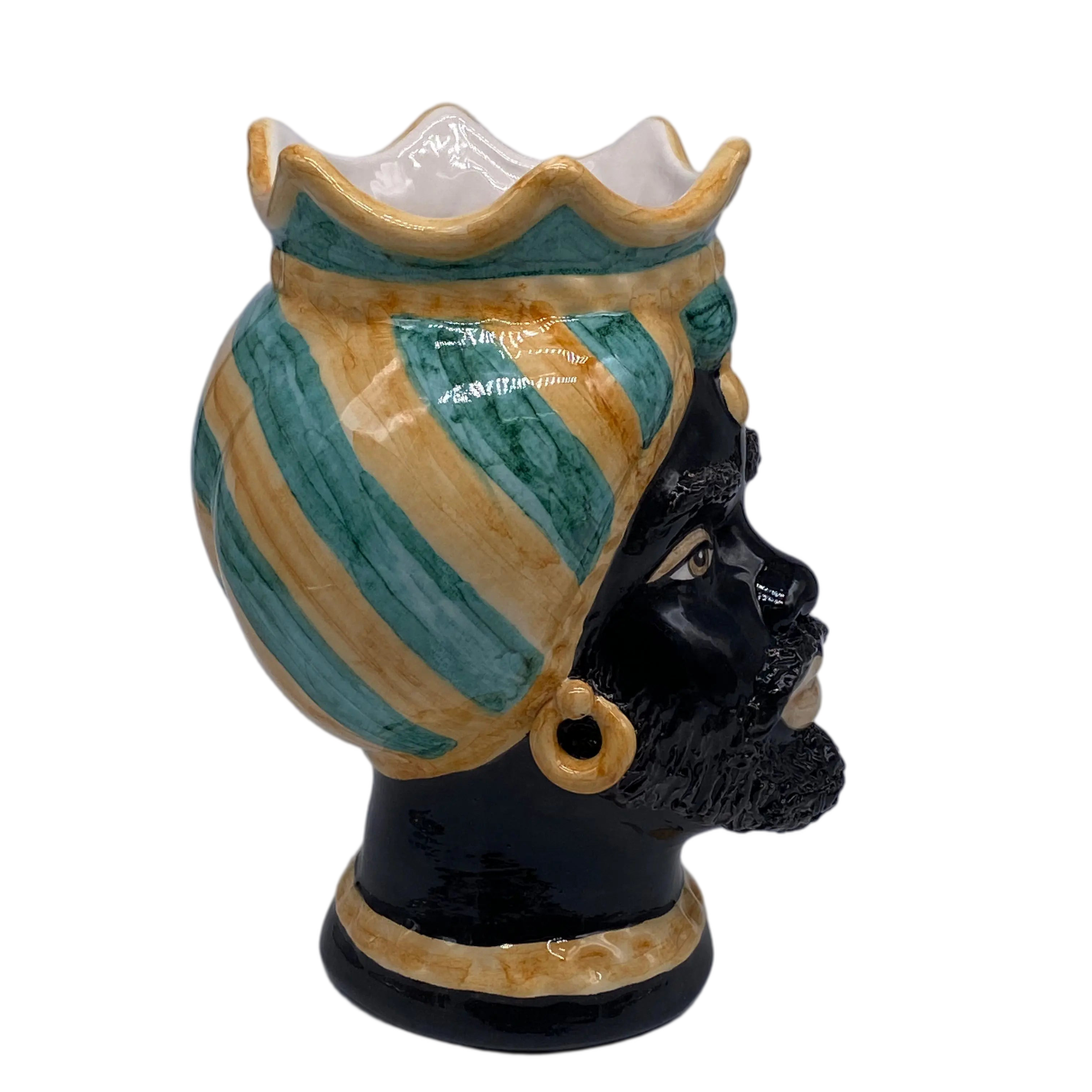 Teste di Moro Luis Ceramica Caltagirone cm H.22 L.15 Artigianale Turbante Liscio Ocra Verde DD CERAMICHE SICILIANE