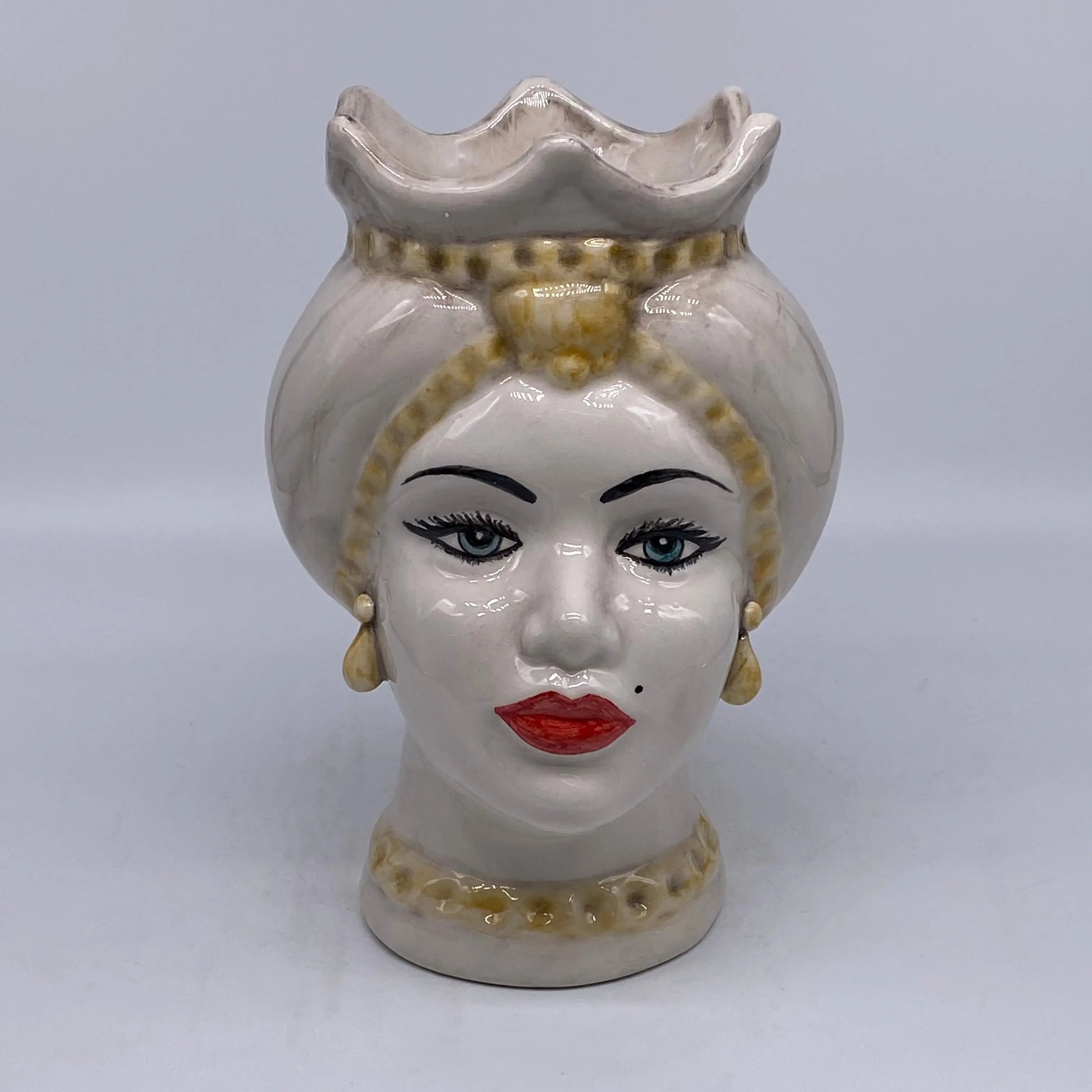 Teste di Moro Luis Ceramica Caltagirone cm H.22 L.15 Artigianale Turbante Liscio Écru Giallo DD CERAMICHE SICILIANE