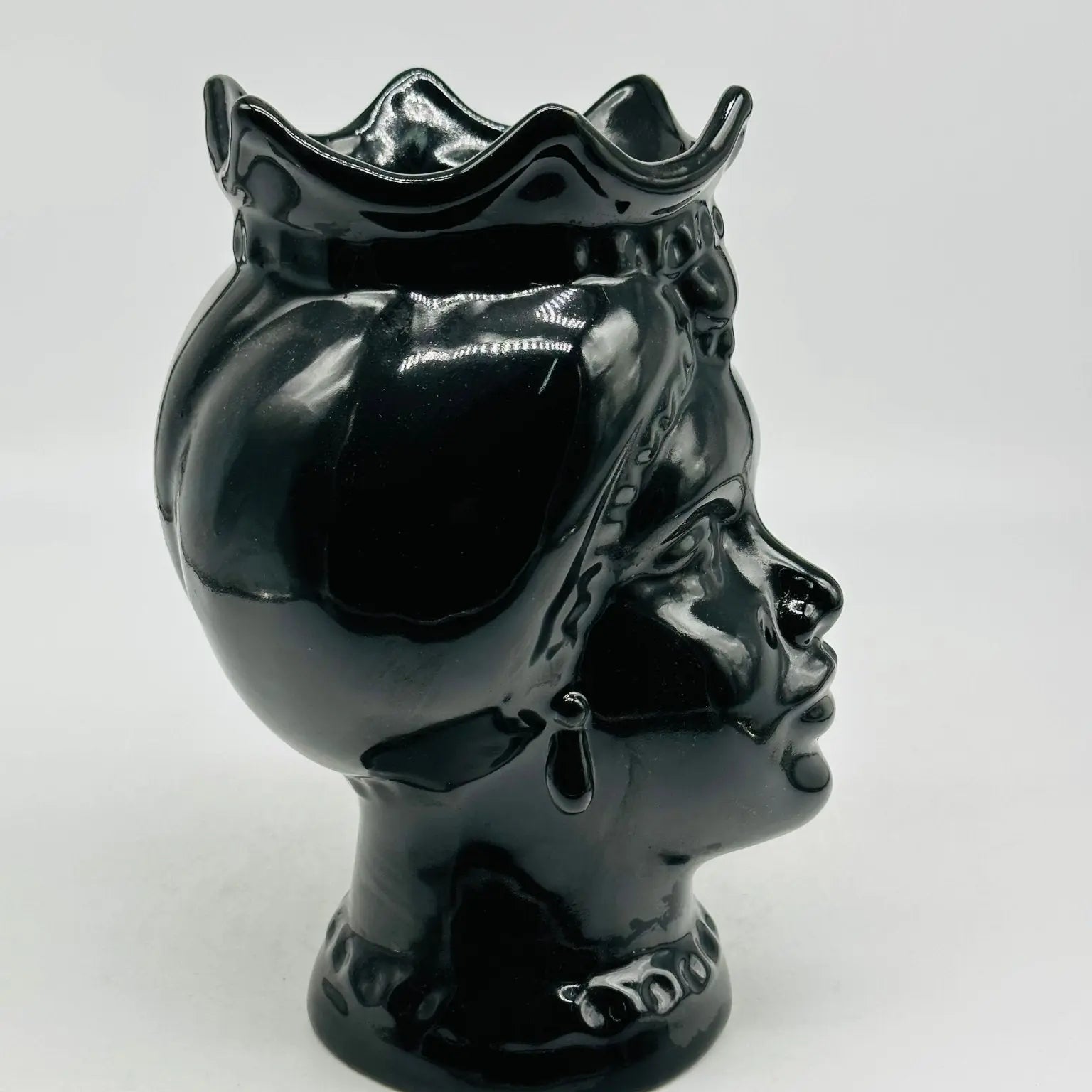 Teste di Moro Luis Ceramica Caltagirone cm H.22 L.15 Artigianale Turbante Nero Lucido - TESTA DI MORO
