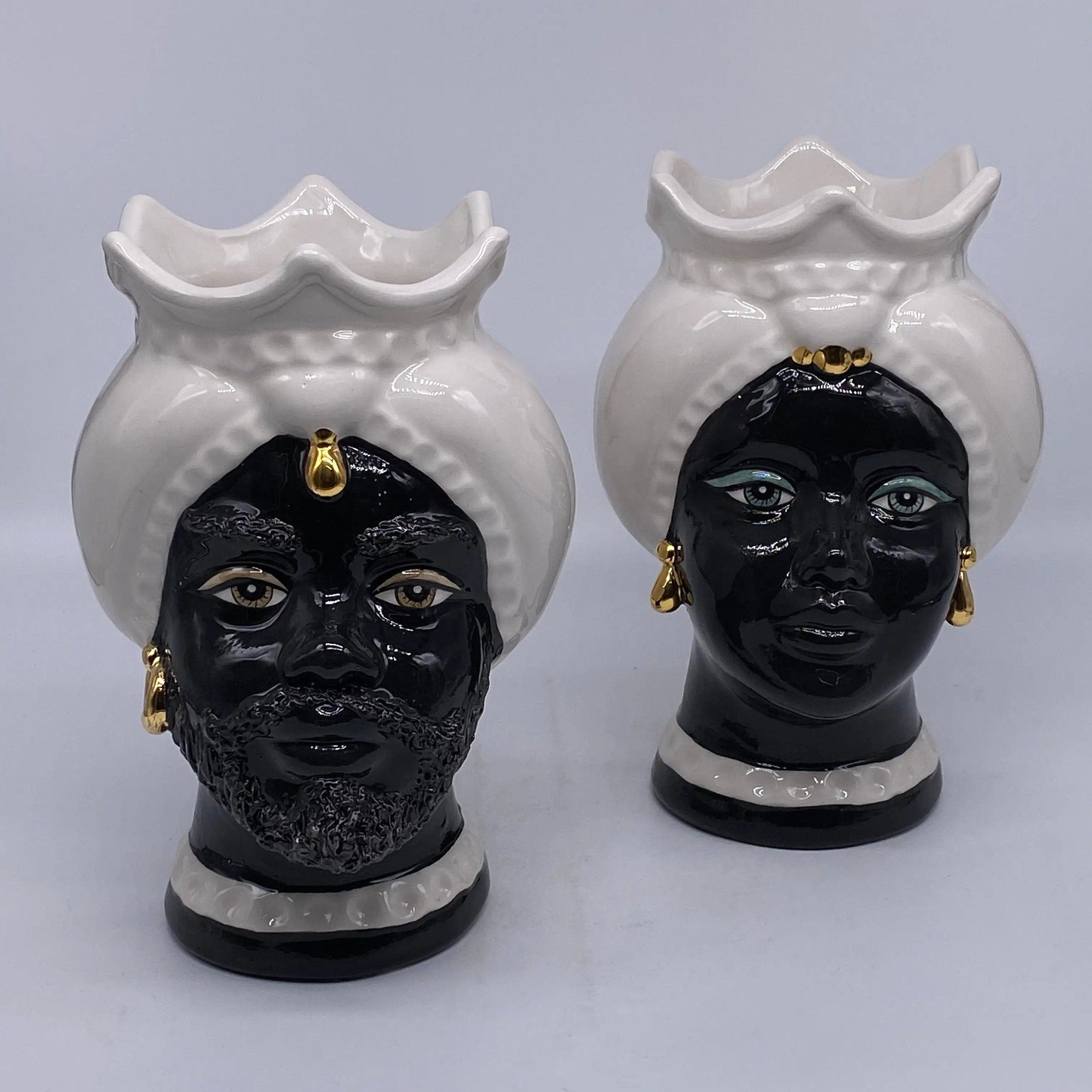 Teste di Moro Luis Ceramica Caltagirone cm H.22 L.15 Artigianale Turbante Liscio Bianco Nero Oro DD CERAMICHE SICILIANE