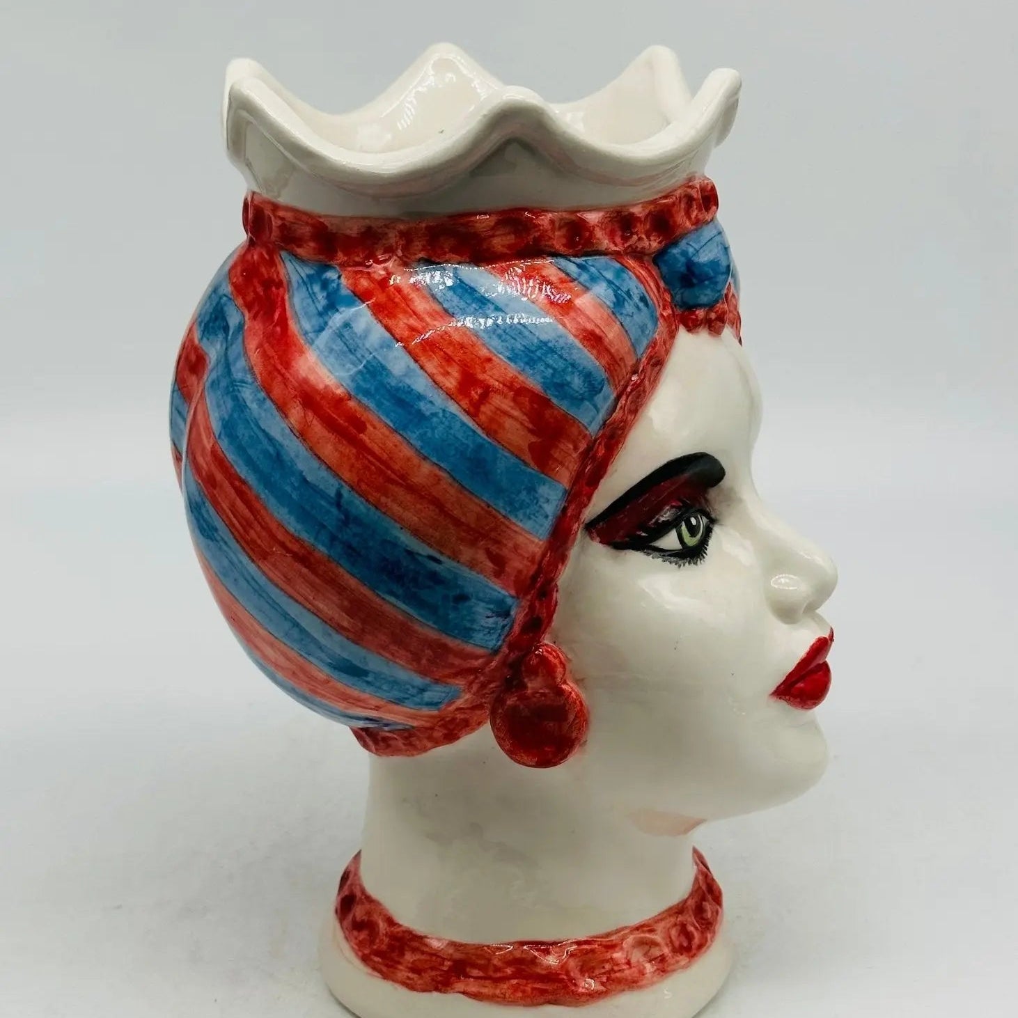 Teste di Moro Luis Ceramica Caltagirone cm H.22 L.15 Artigianale Turbante Striscie Rosso Blu - TESTA DI MORO