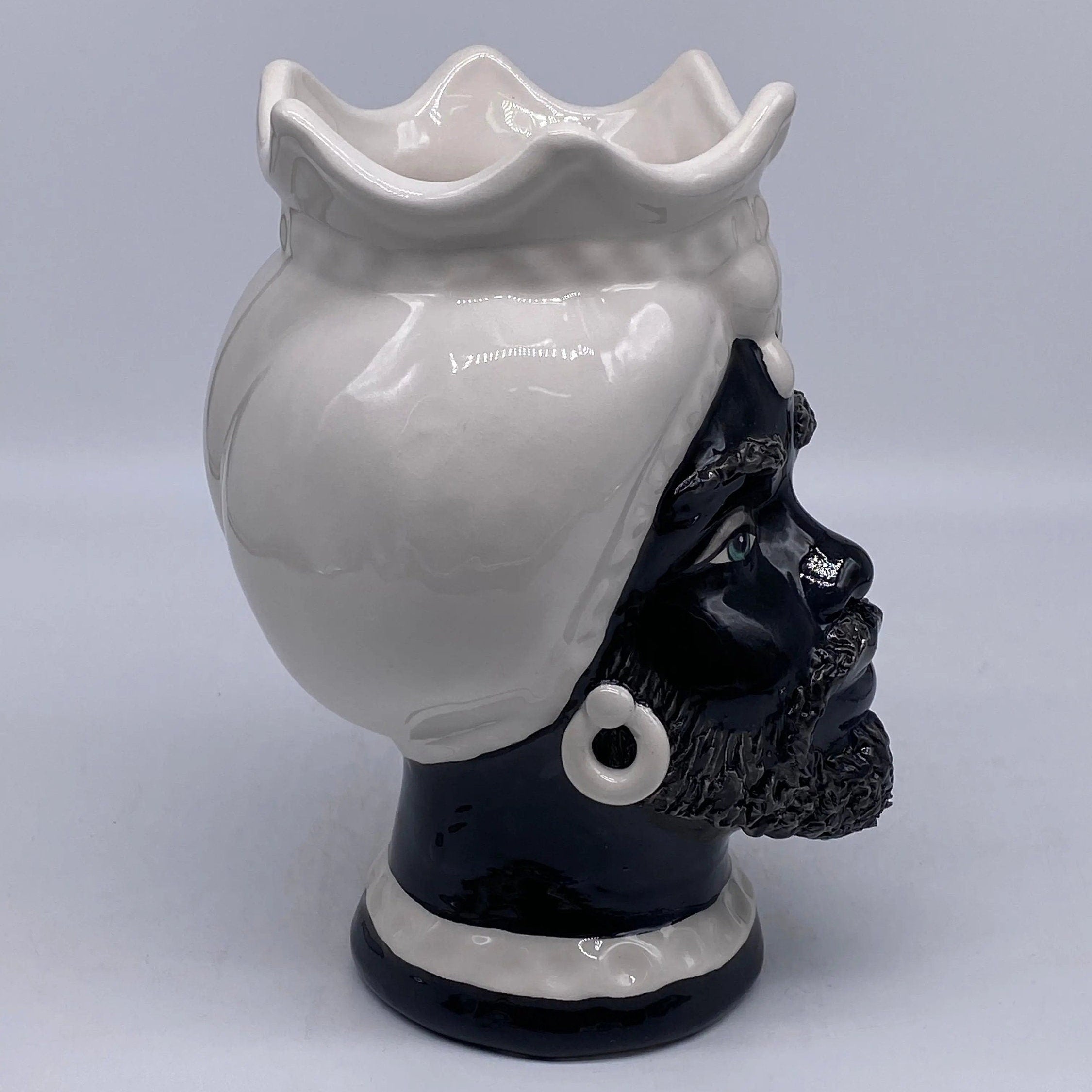 Teste di Moro Luis Ceramica Caltagirone cm H.22 L.15 Artigianale Turbante Liscio Bianco Nero DD CERAMICHE SICILIANE
