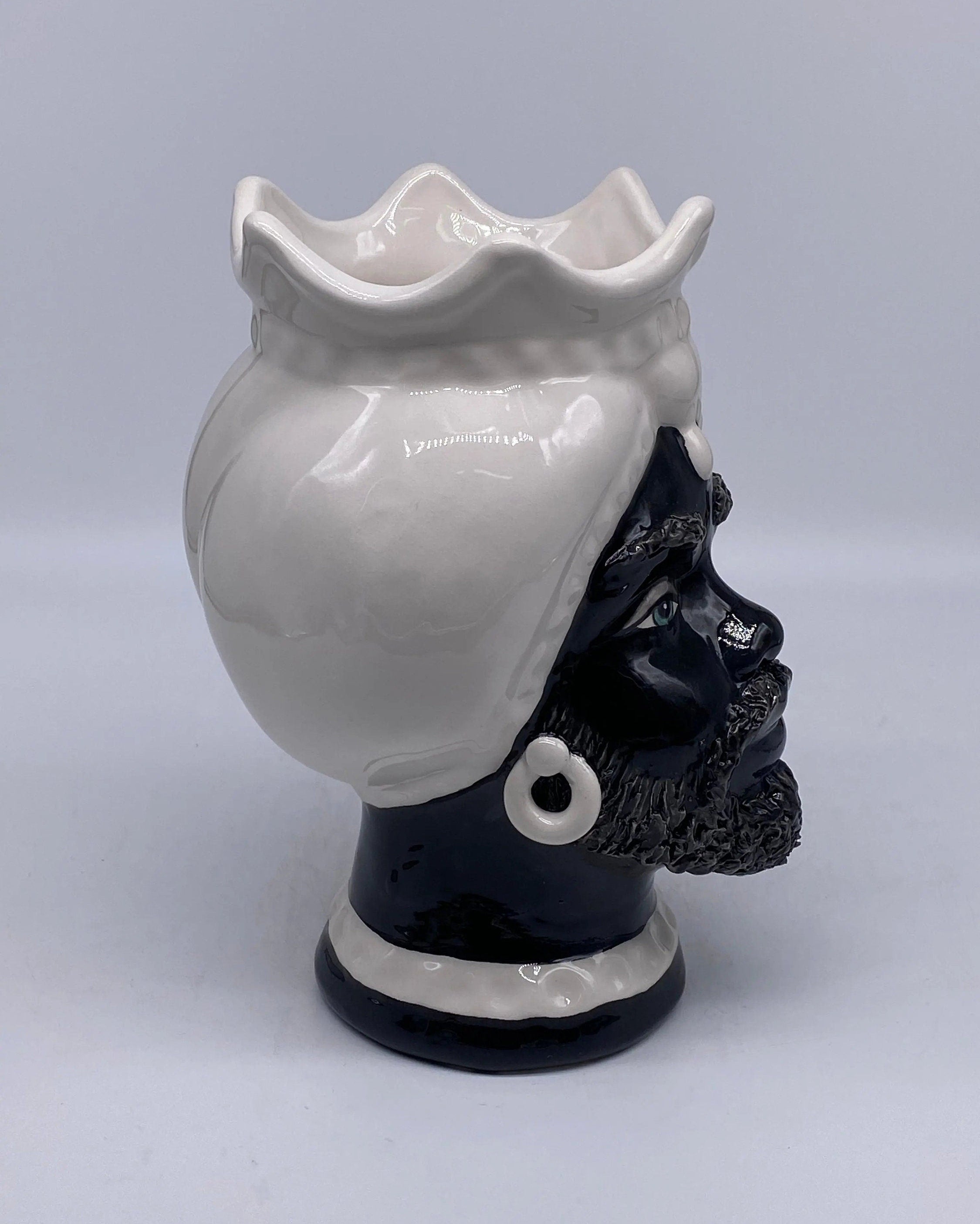 Teste di Moro Luis Ceramica Caltagirone cm H.22 L.15 Artigianale Turbante Liscio Bianco Nero DD CERAMICHE SICILIANE