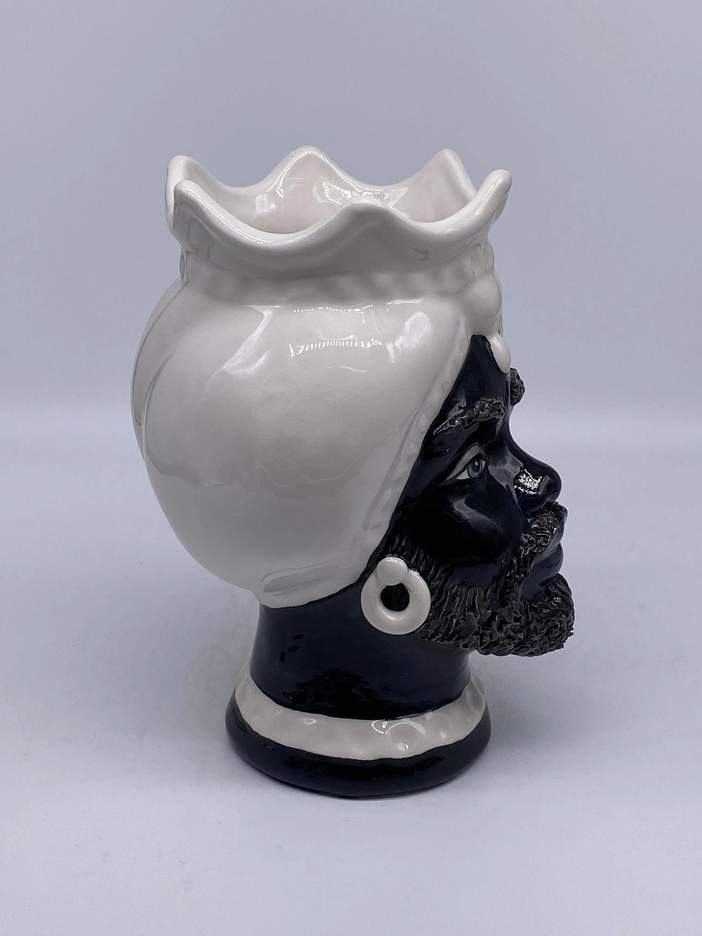 Teste di Moro Luis Ceramica Caltagirone cm H.22 L.15 Artigianale Turbante Liscio Bianco Nero DD CERAMICHE SICILIANE