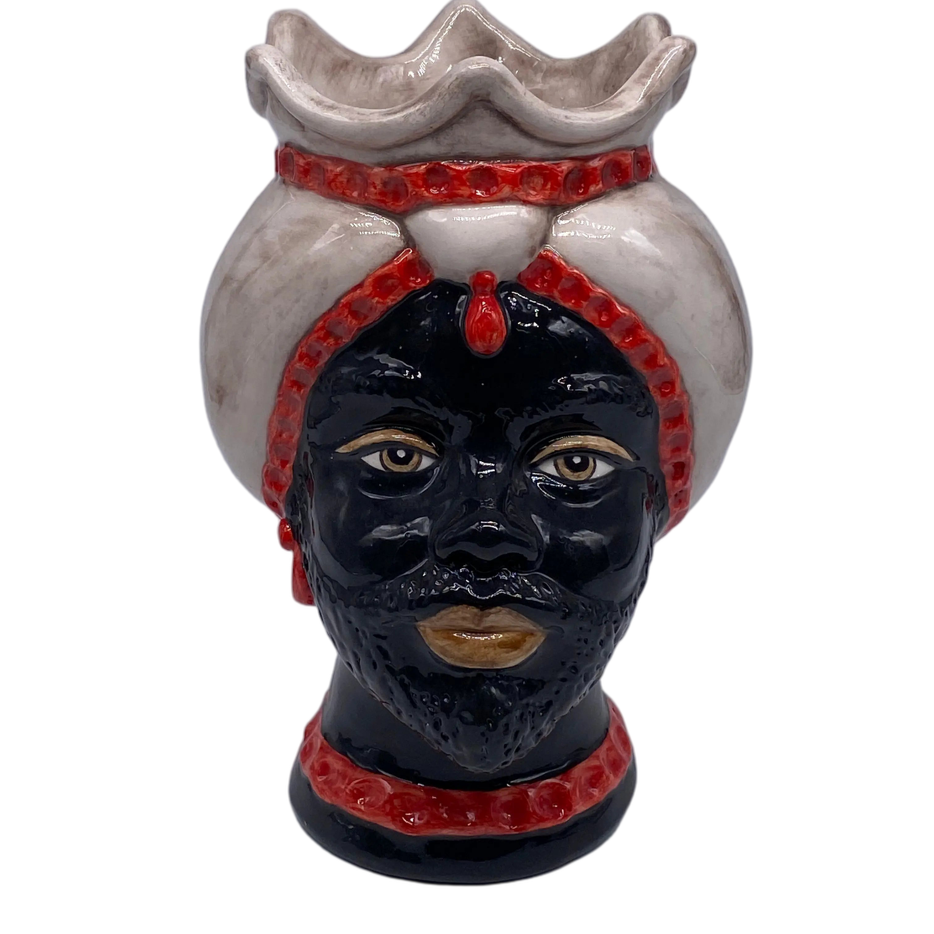 Teste di Moro Luis Ceramica Caltagirone cm H.22 L.15 Artigianale Turbante Liscio Écru Rosso DD CERAMICHE SICILIANE