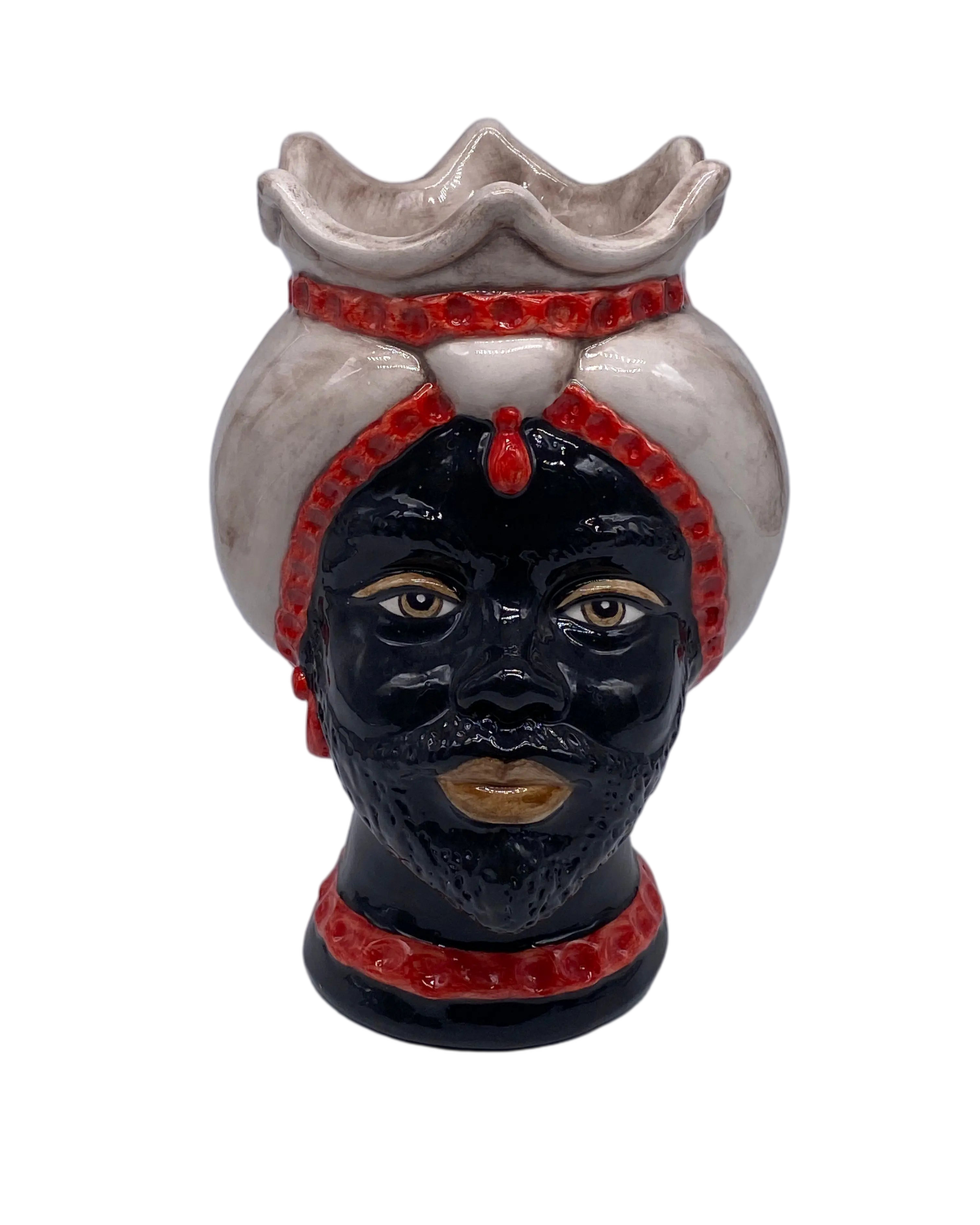 Teste di Moro Luis Ceramica Caltagirone cm H.22 L.15 Artigianale Turbante Liscio Écru Rosso DD CERAMICHE SICILIANE