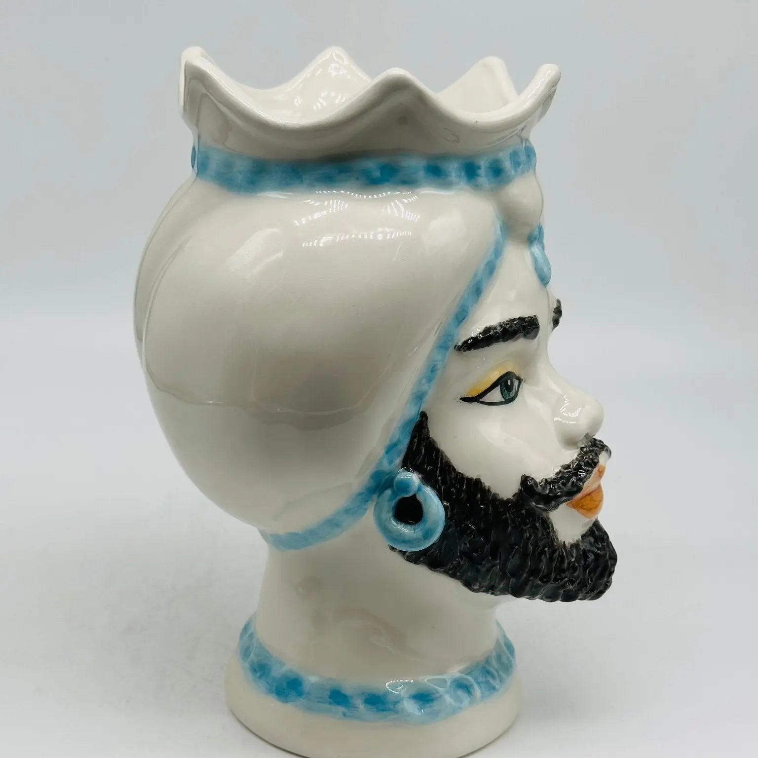 Teste di Moro Luis Ceramica Caltagirone cm H.22 L.15 Artigianale Turbante Liscio Bianco Celeste - TESTA DI MORO