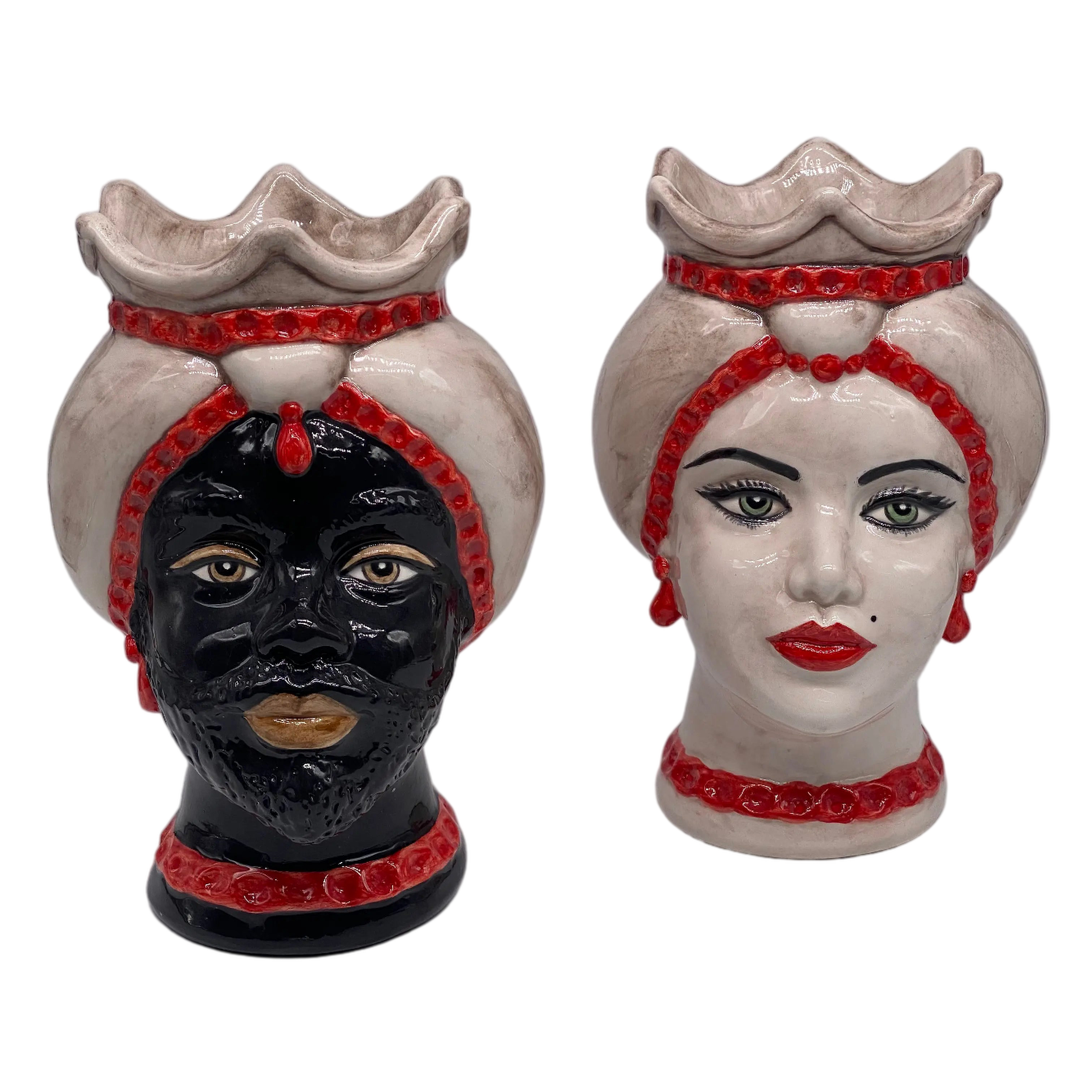 Teste di Moro Luis Ceramica Caltagirone cm H.22 L.15 Artigianale Turbante Liscio Écru Rosso DD CERAMICHE SICILIANE