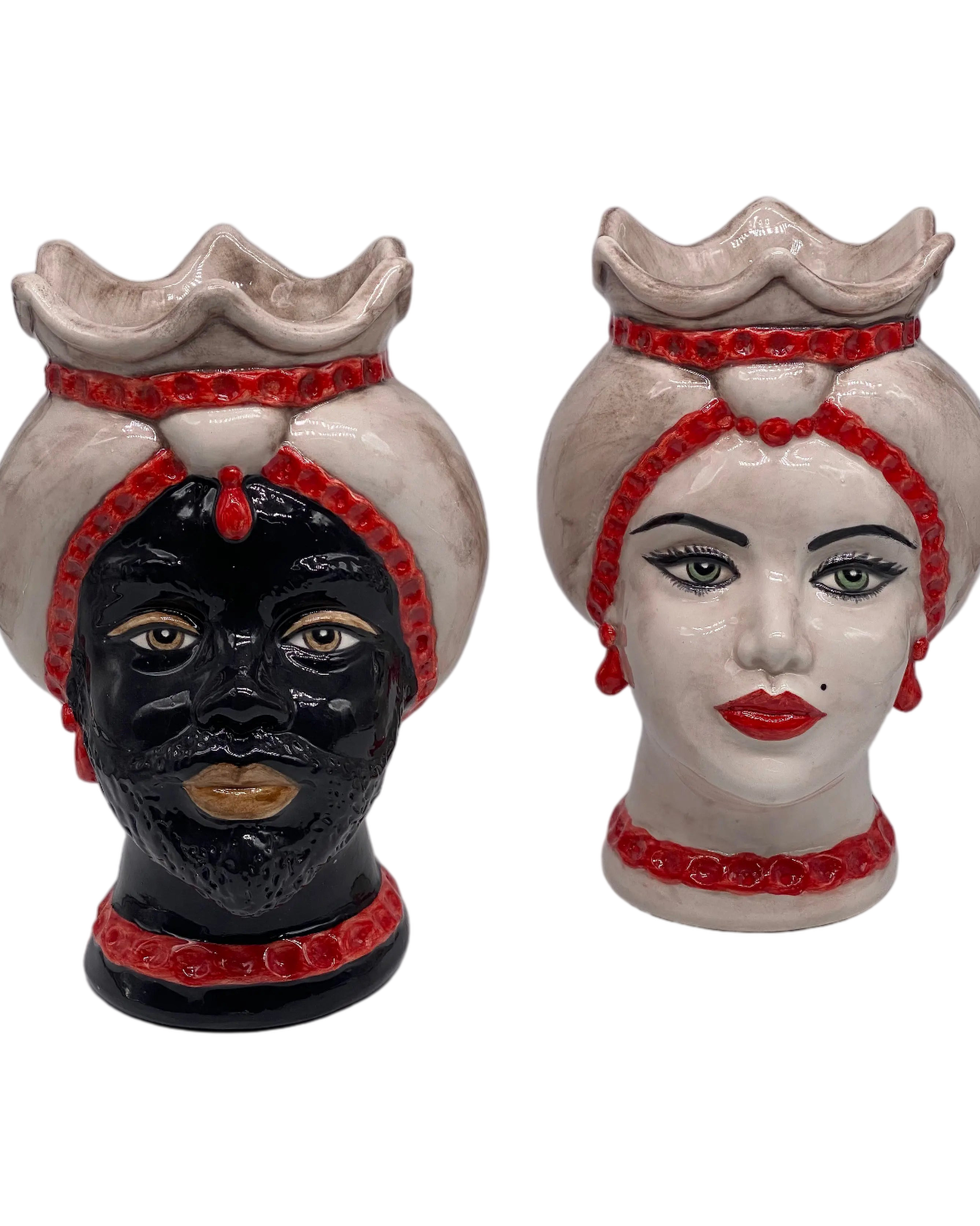 Teste di Moro Luis Ceramica Caltagirone cm H.22 L.15 Artigianale Turbante Liscio Écru Rosso DD CERAMICHE SICILIANE