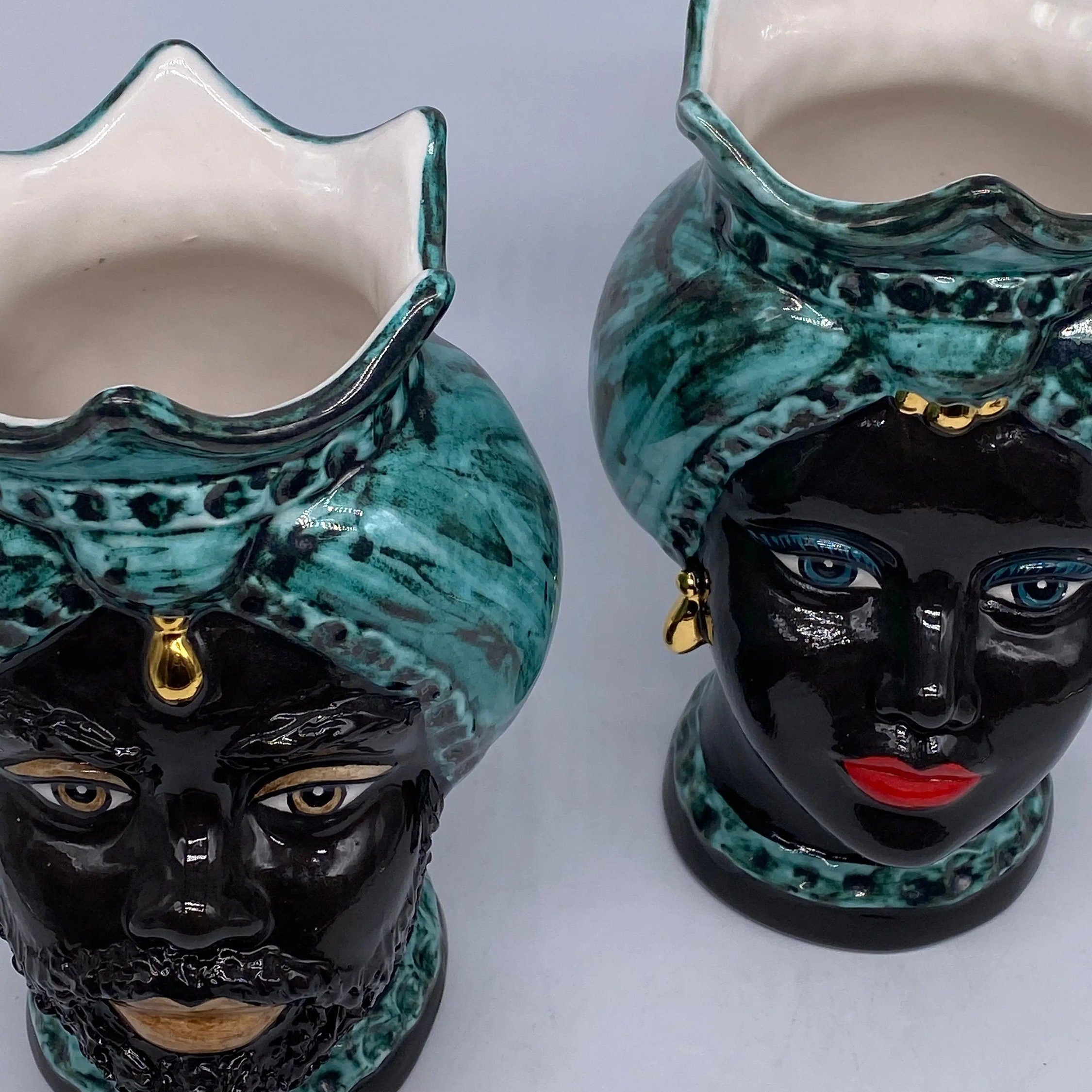 Teste di Moro Luis Ceramica Caltagirone cm H.22 L.15 Artigianale Turbante Liscio Verde Nero Oro DD CERAMICHE SICILIANE