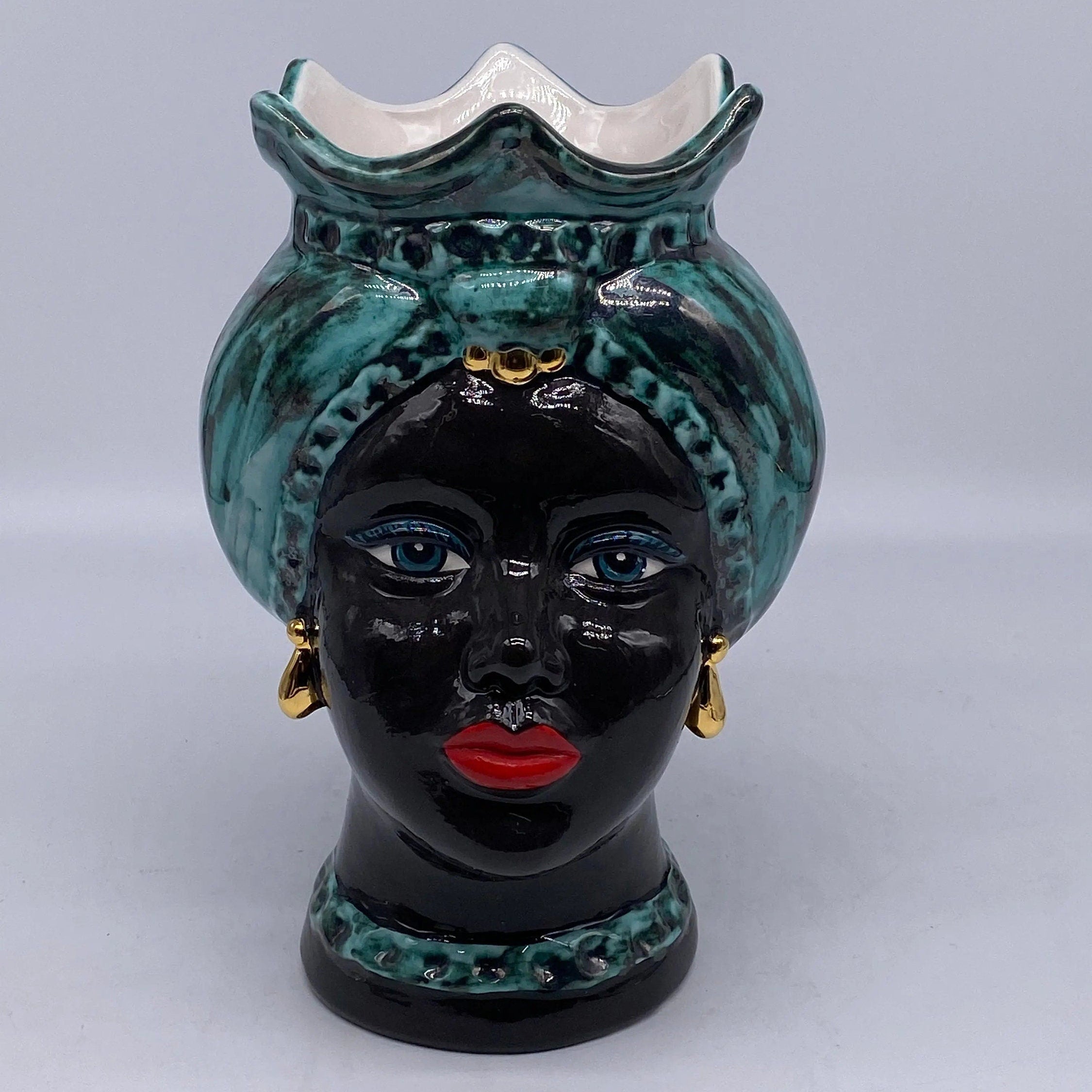 Teste di Moro Luis Ceramica Caltagirone cm H.22 L.15 Artigianale Turbante Liscio Verde Nero Oro DD CERAMICHE SICILIANE