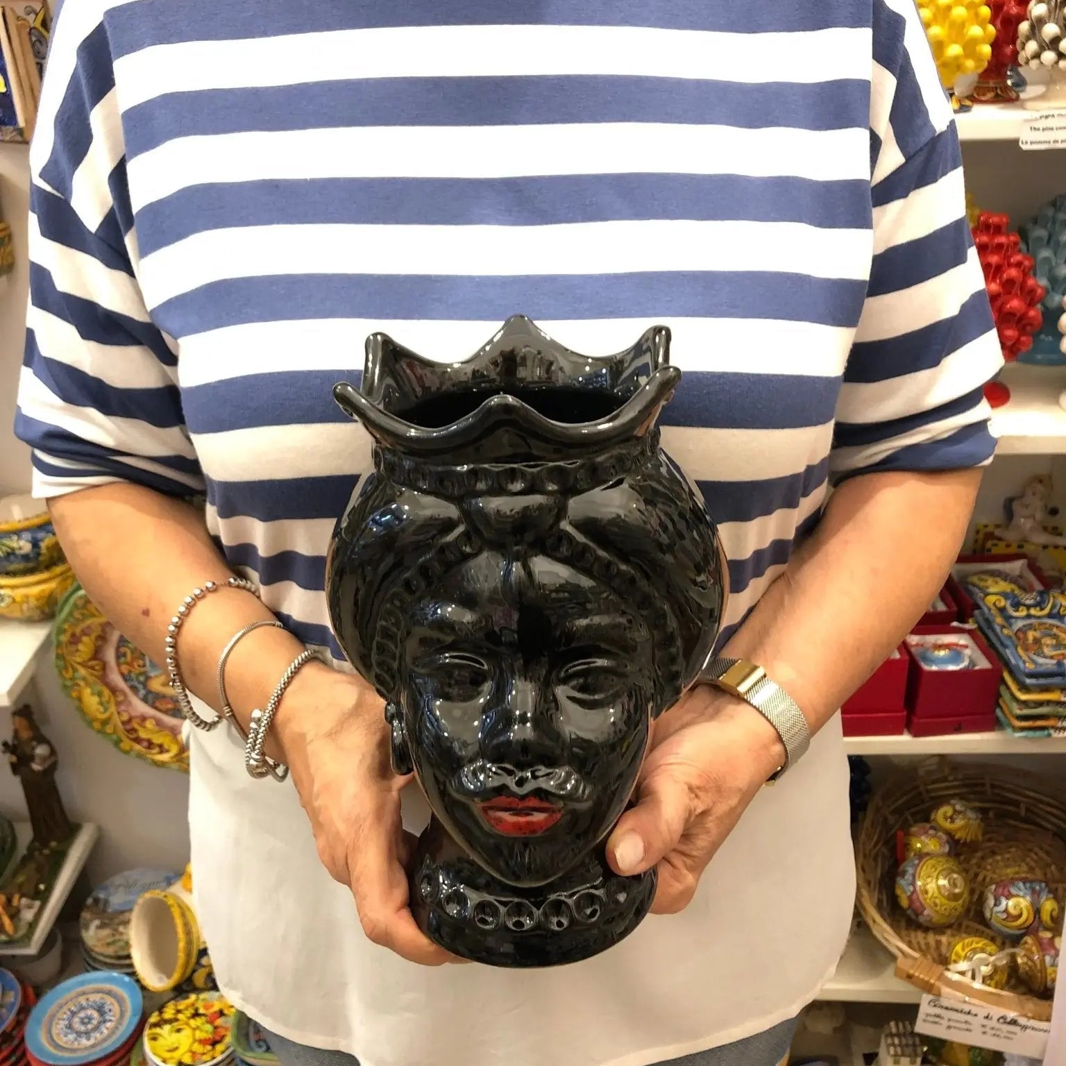 Teste di Moro Luis Ceramica Caltagirone cm H.22 L.15 Artigianale Turbante Liscio Nero Lucido - DD CERAMICHE SICILIANE