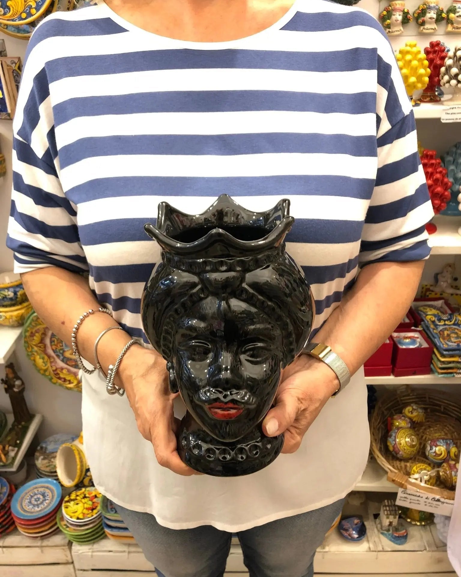 Teste di Moro Luis Ceramica Caltagirone cm H.22 L.15 Artigianale Turbante Liscio Nero Lucido - DD CERAMICHE SICILIANE