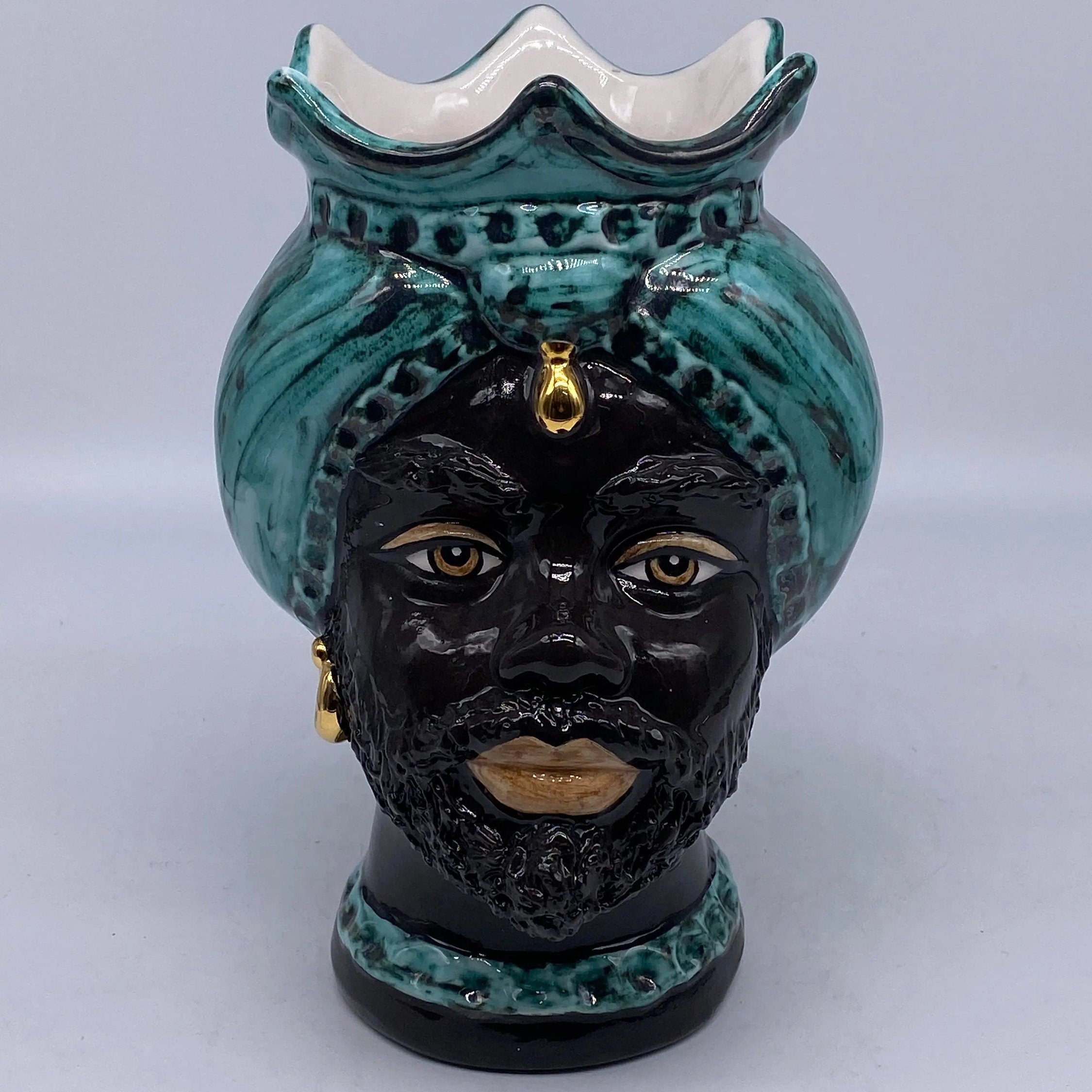 Teste di Moro Luis Ceramica Caltagirone cm H.22 L.15 Artigianale Turbante Liscio Verde Nero Oro DD CERAMICHE SICILIANE