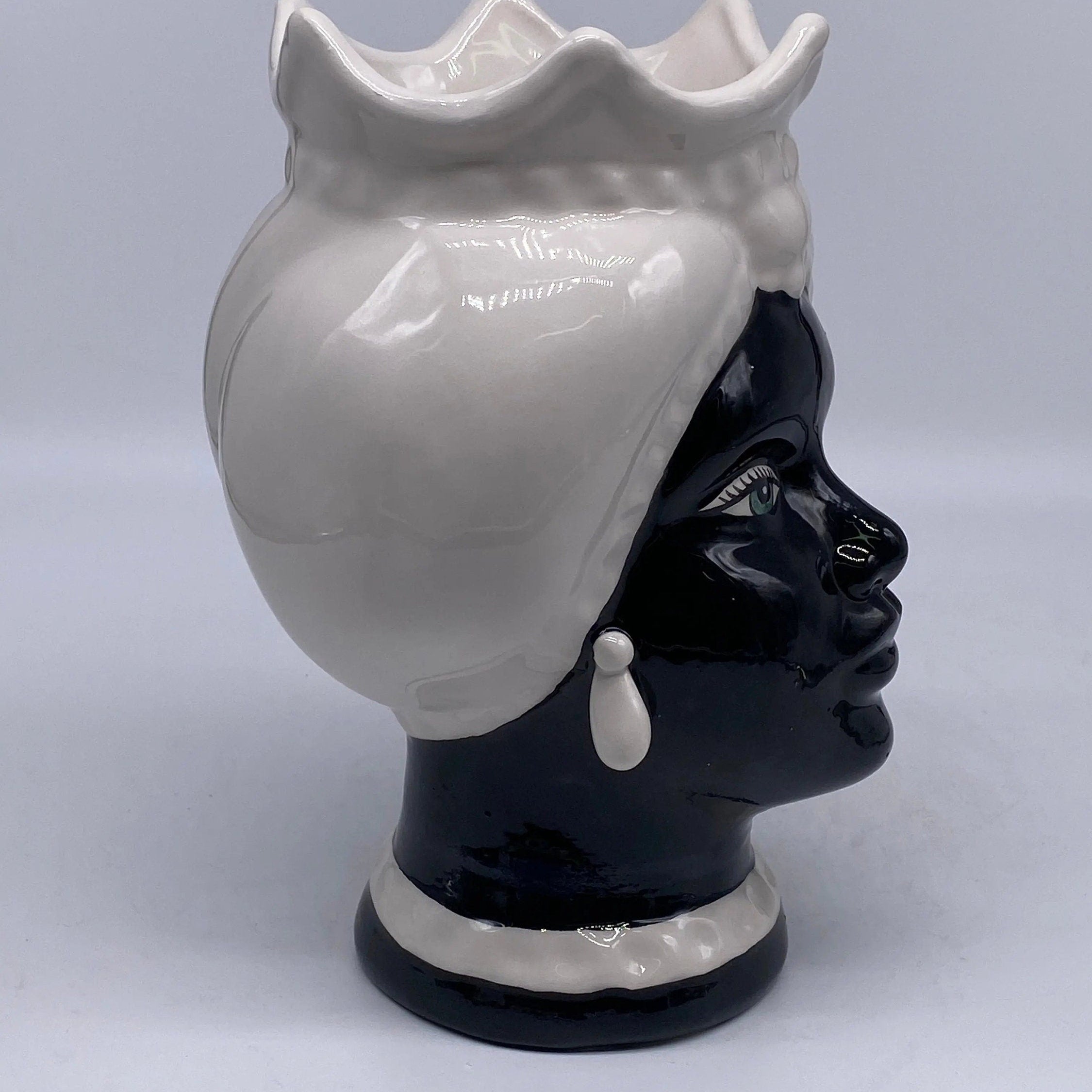 Teste di Moro Luis Ceramica Caltagirone cm H.22 L.15 Artigianale Turbante Liscio Bianco Nero DD CERAMICHE SICILIANE