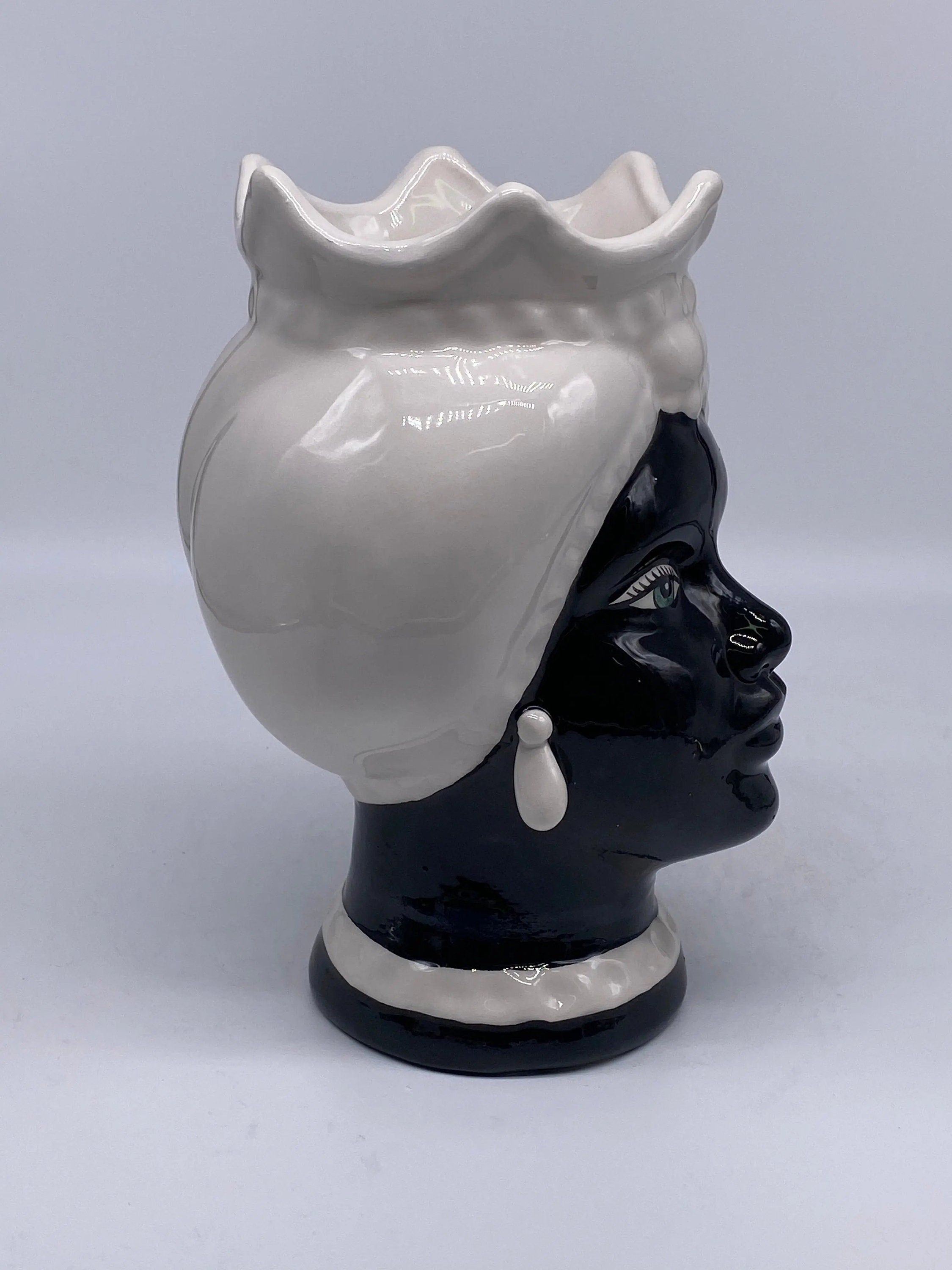Teste di Moro Luis Ceramica Caltagirone cm H.22 L.15 Artigianale Turbante Liscio Bianco Nero DD CERAMICHE SICILIANE