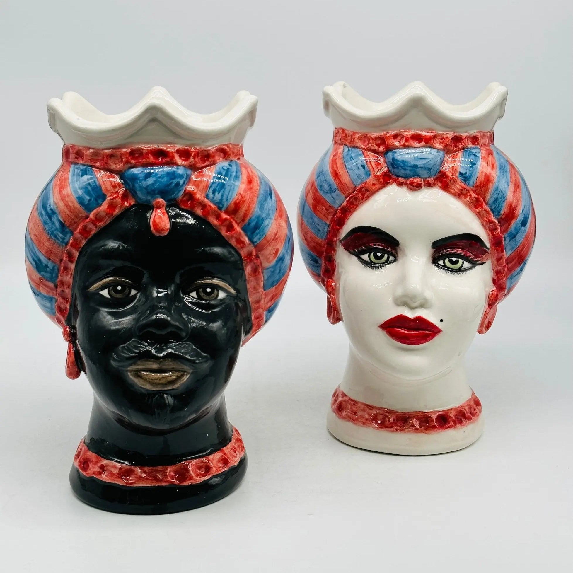 Teste di Moro Luis Ceramica Caltagirone cm H.22 L.15 Artigianale Turbante Striscie Rosso Blu - TESTA DI MORO