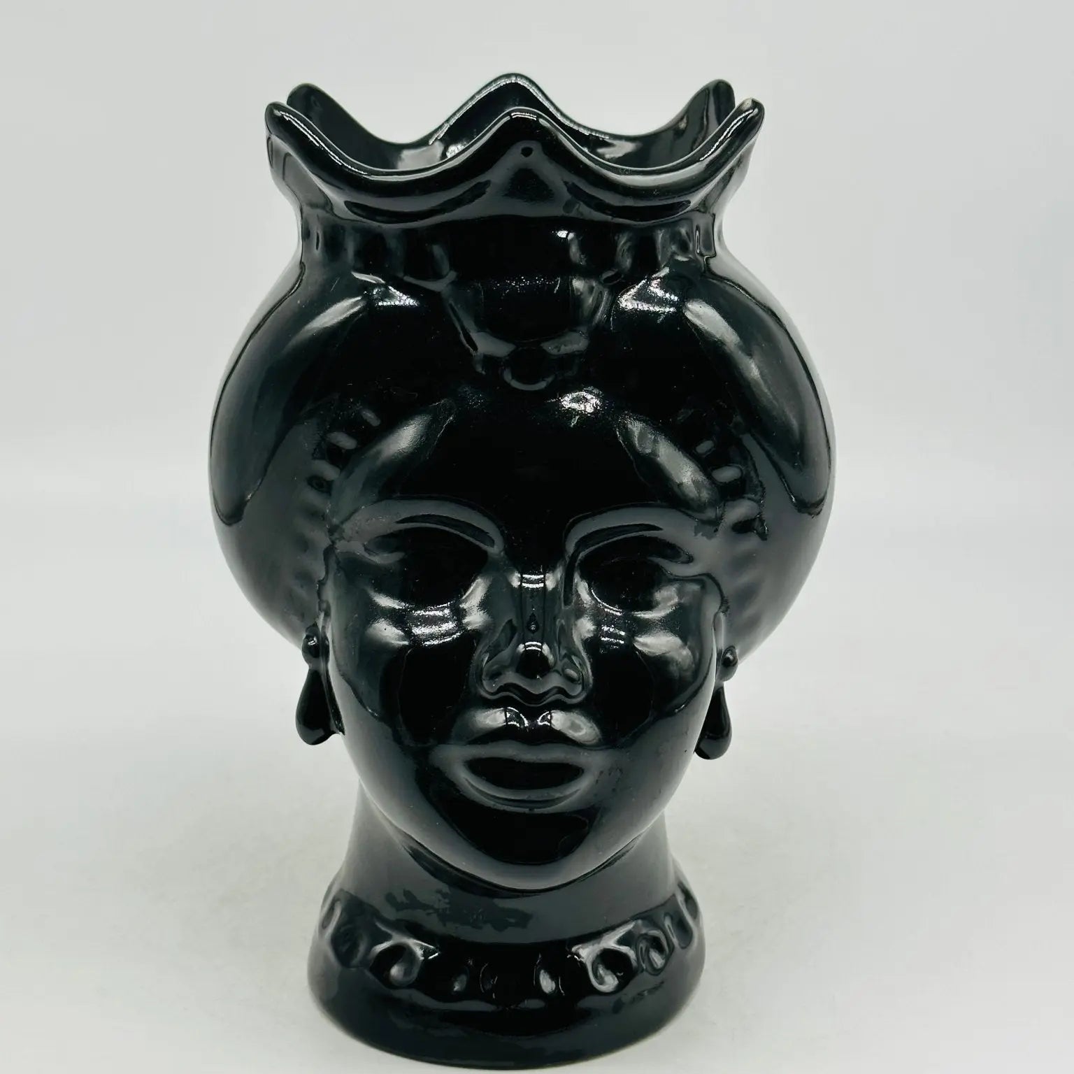 Teste di Moro Luis Ceramica Caltagirone cm H.22 L.15 Artigianale Turbante Nero Lucido - Donna - TESTA DI MORO