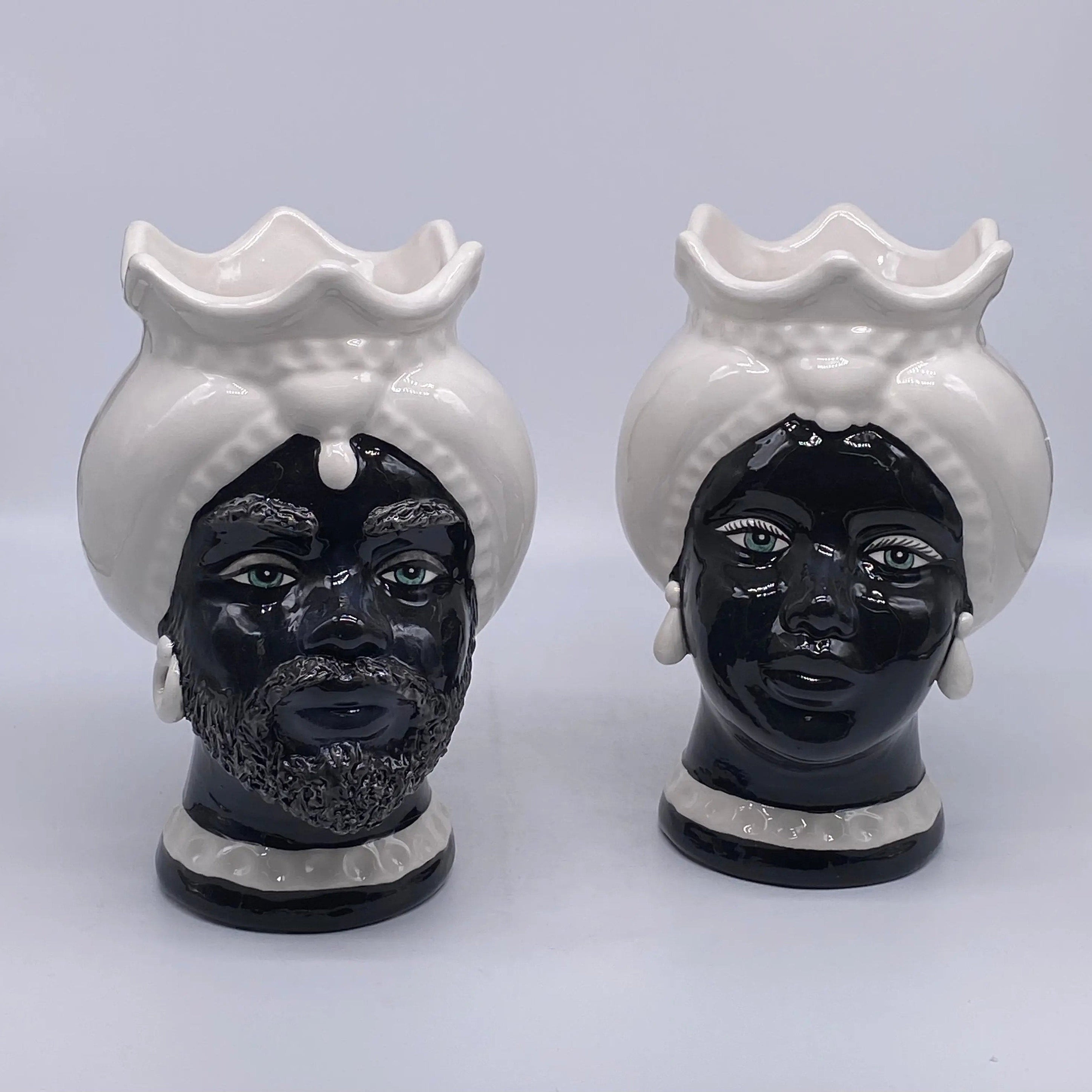 Teste di Moro Luis Ceramica Caltagirone cm H.22 L.15 Artigianale Turbante Liscio Bianco Nero DD CERAMICHE SICILIANE