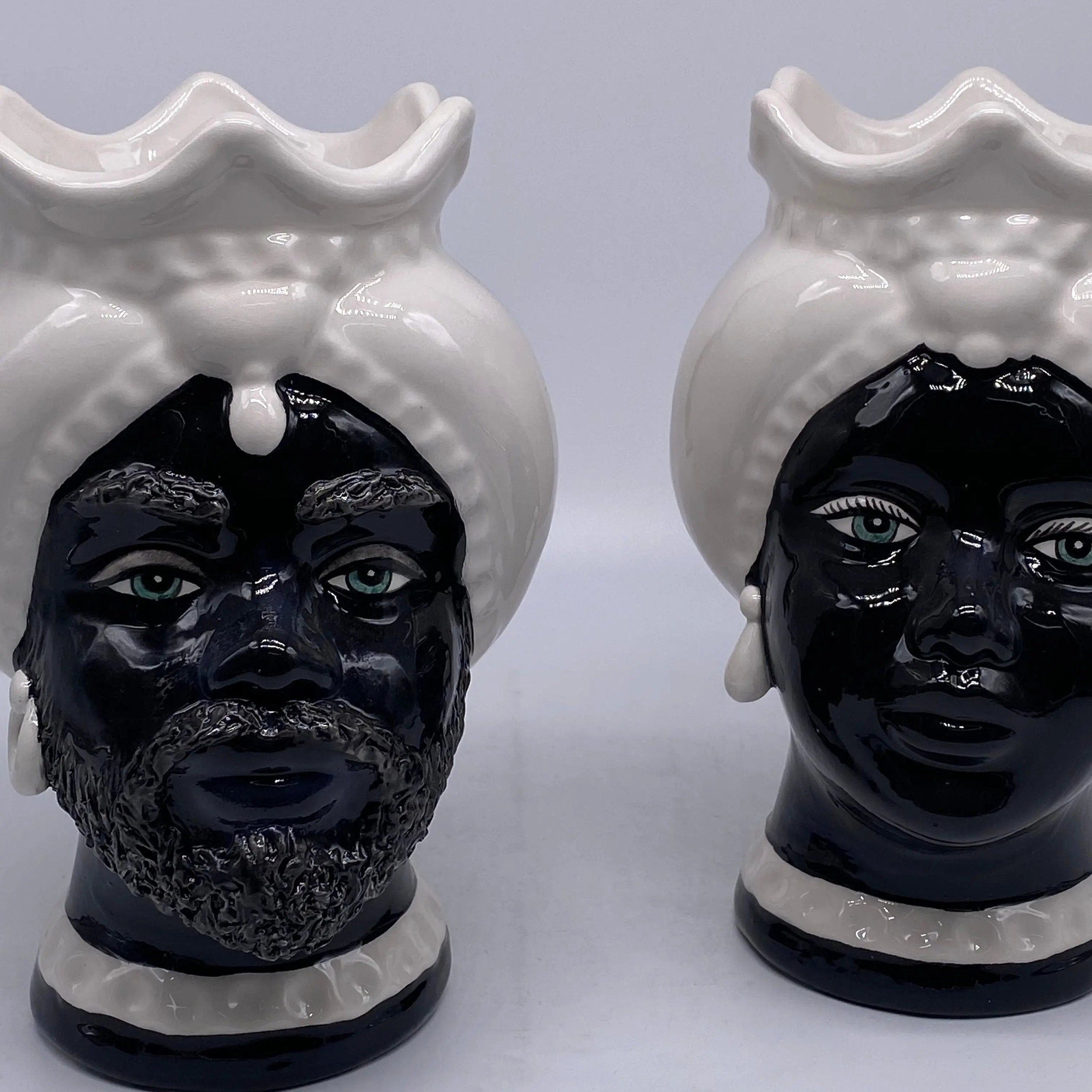 Teste di Moro Luis Ceramica Caltagirone cm H.22 L.15 Artigianale Turbante Liscio Bianco Nero DD CERAMICHE SICILIANE