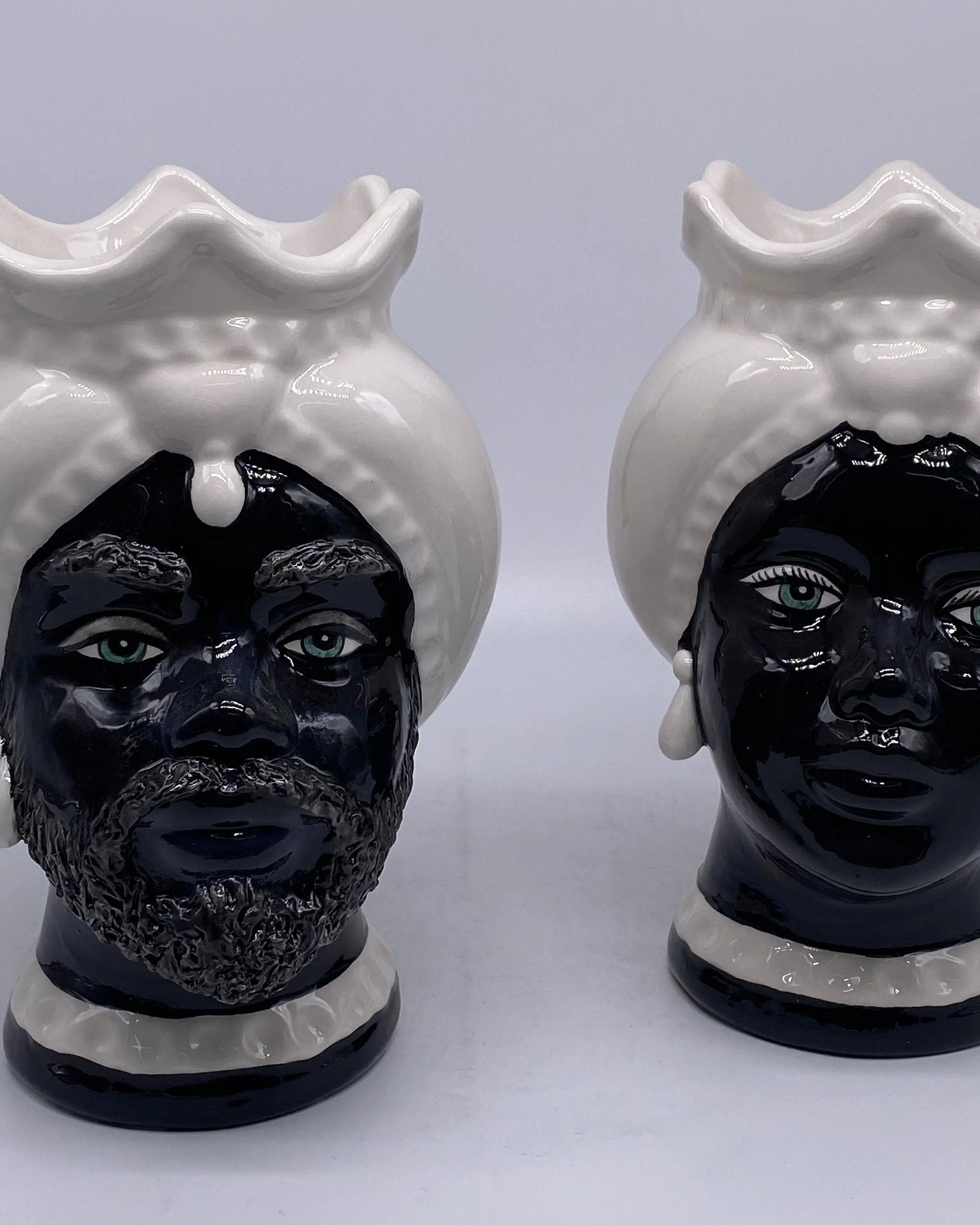 Teste di Moro Luis Ceramica Caltagirone cm H.22 L.15 Artigianale Turbante Liscio Bianco Nero DD CERAMICHE SICILIANE