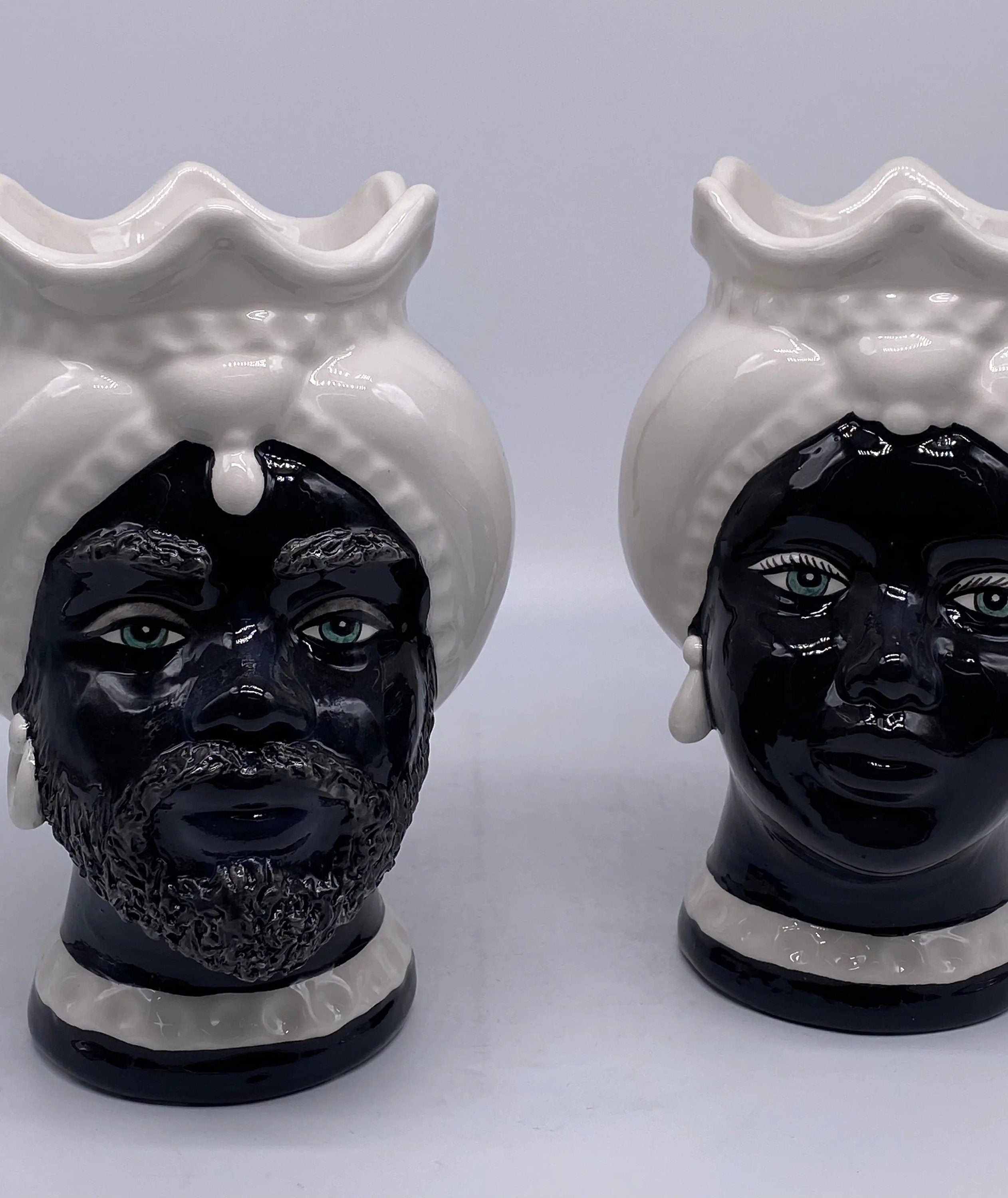 Teste di Moro Luis Ceramica Caltagirone cm H.22 L.15 Artigianale Turbante Liscio Bianco Nero DD CERAMICHE SICILIANE