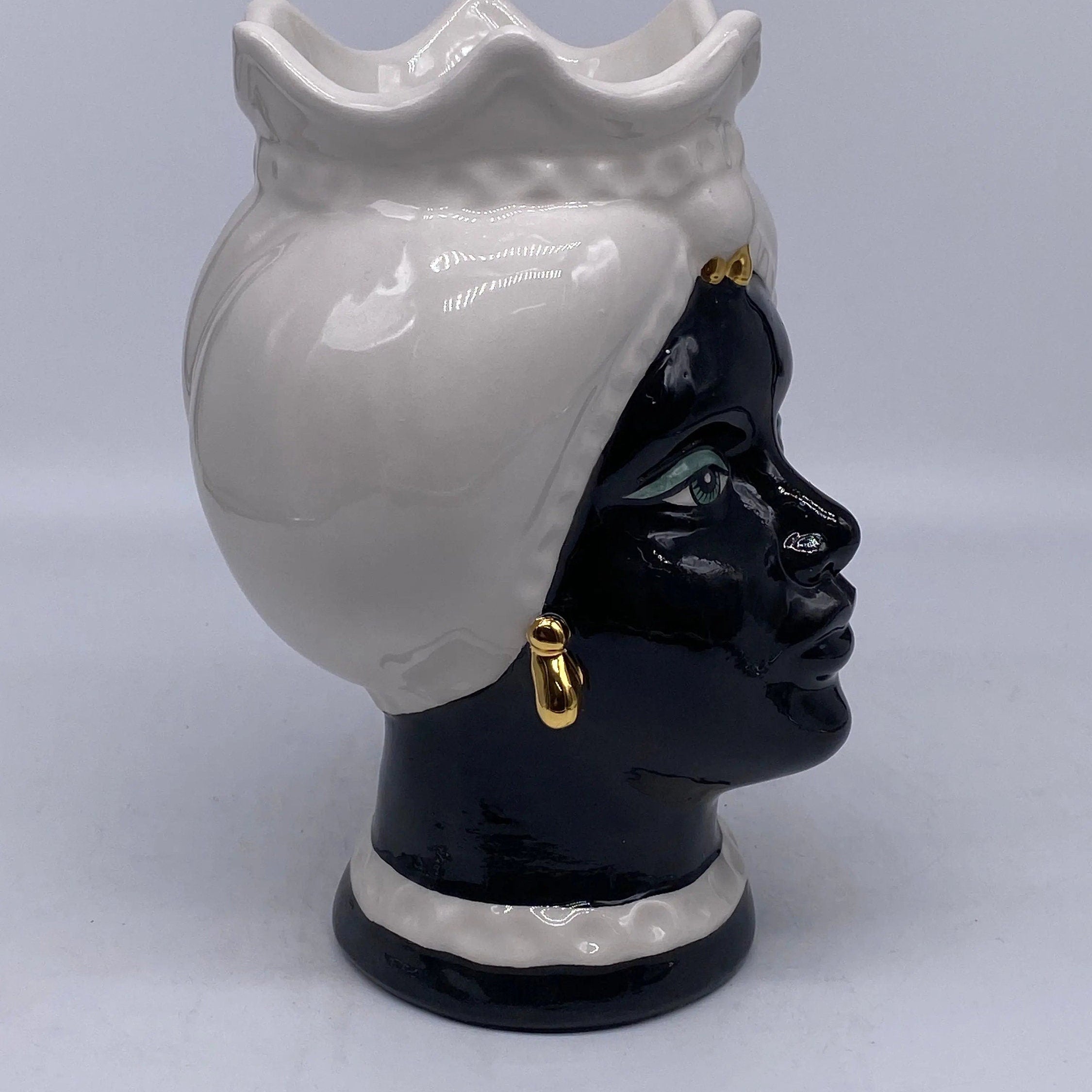 Teste di Moro Luis Ceramica Caltagirone cm H.22 L.15 Artigianale Turbante Liscio Bianco Nero Oro DD CERAMICHE SICILIANE
