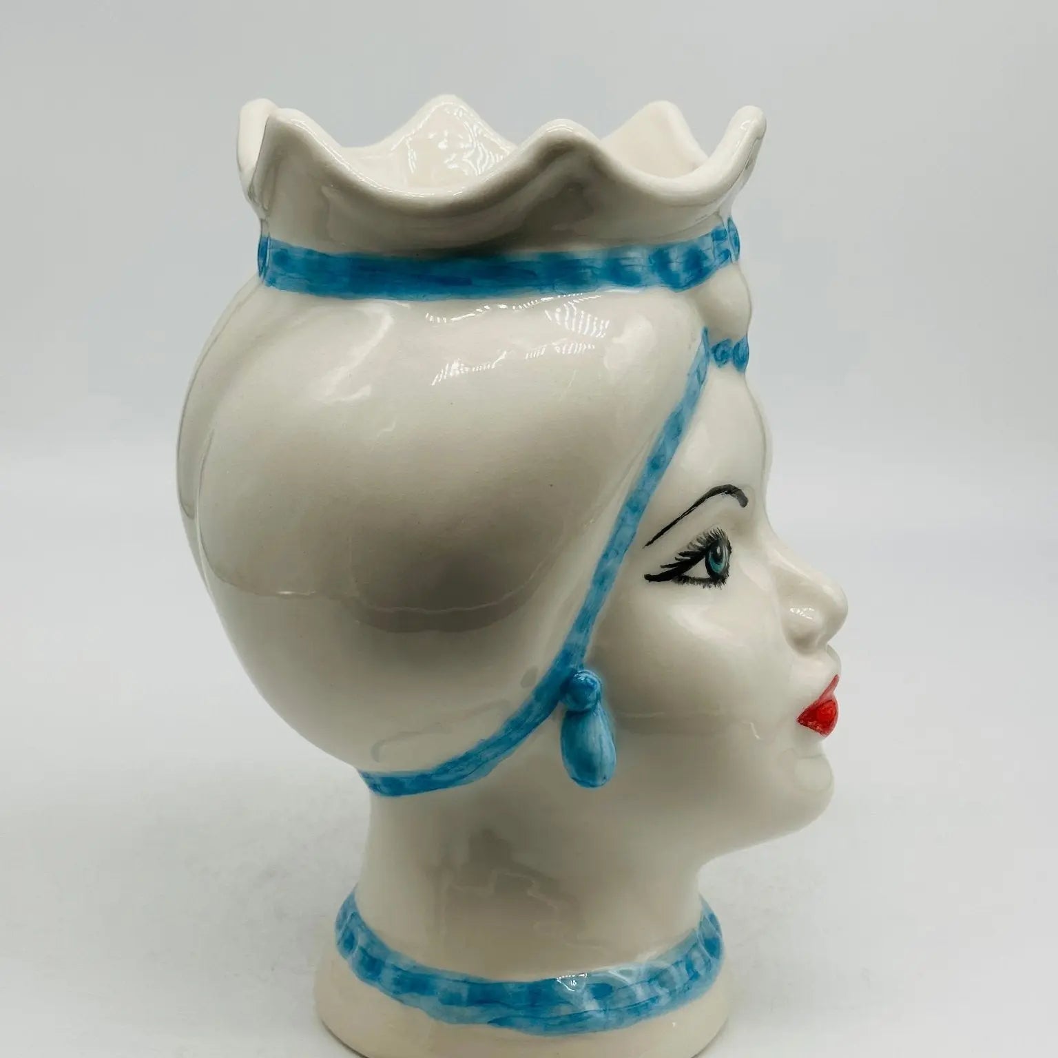Teste di Moro Luis Ceramica Caltagirone cm H.22 L.15 Artigianale Turbante Liscio Bianco Celeste - TESTA DI MORO