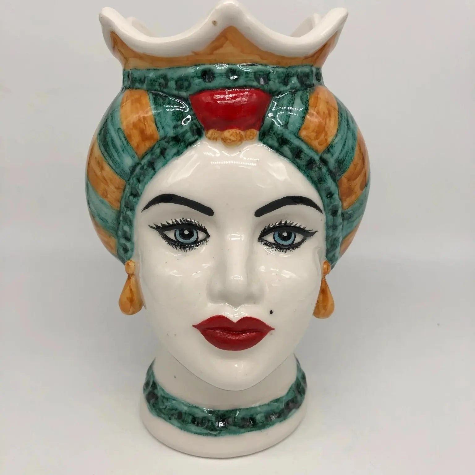 Teste di Moro Luis Ceramica Caltagirone cm H.22 L.15 Artigianale Turbante Liscio Verde Ocra Rosso - DD CERAMICHE SICILIANE