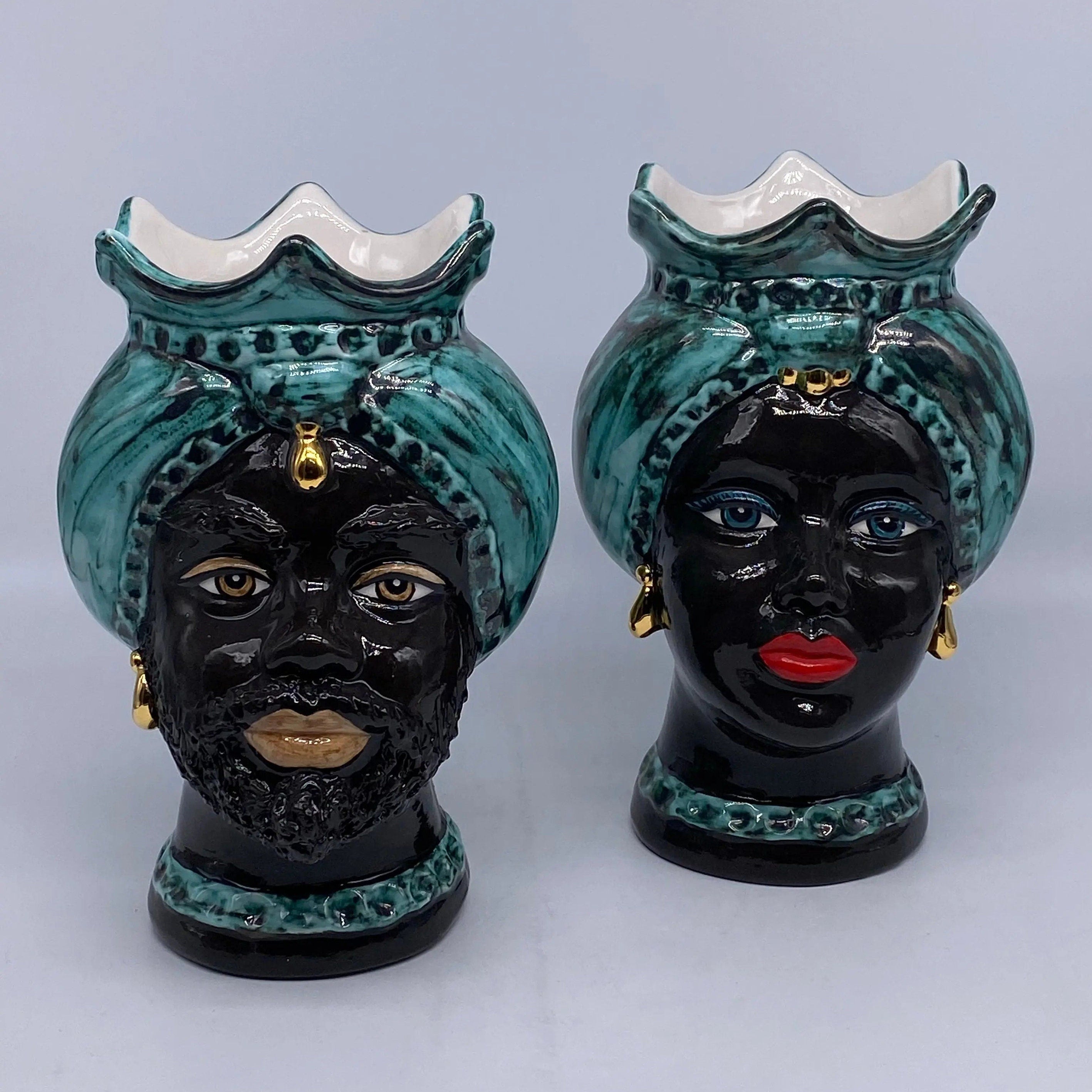 Teste di Moro Luis Ceramica Caltagirone cm H.22 L.15 Artigianale Turbante Liscio Verde Nero Oro DD CERAMICHE SICILIANE