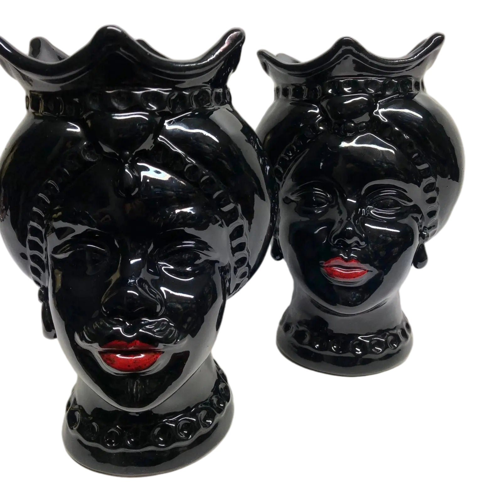 Teste di Moro Luis Ceramica Caltagirone cm H.22 L.15 Artigianale Turbante Liscio Nero Lucido - DD CERAMICHE SICILIANE