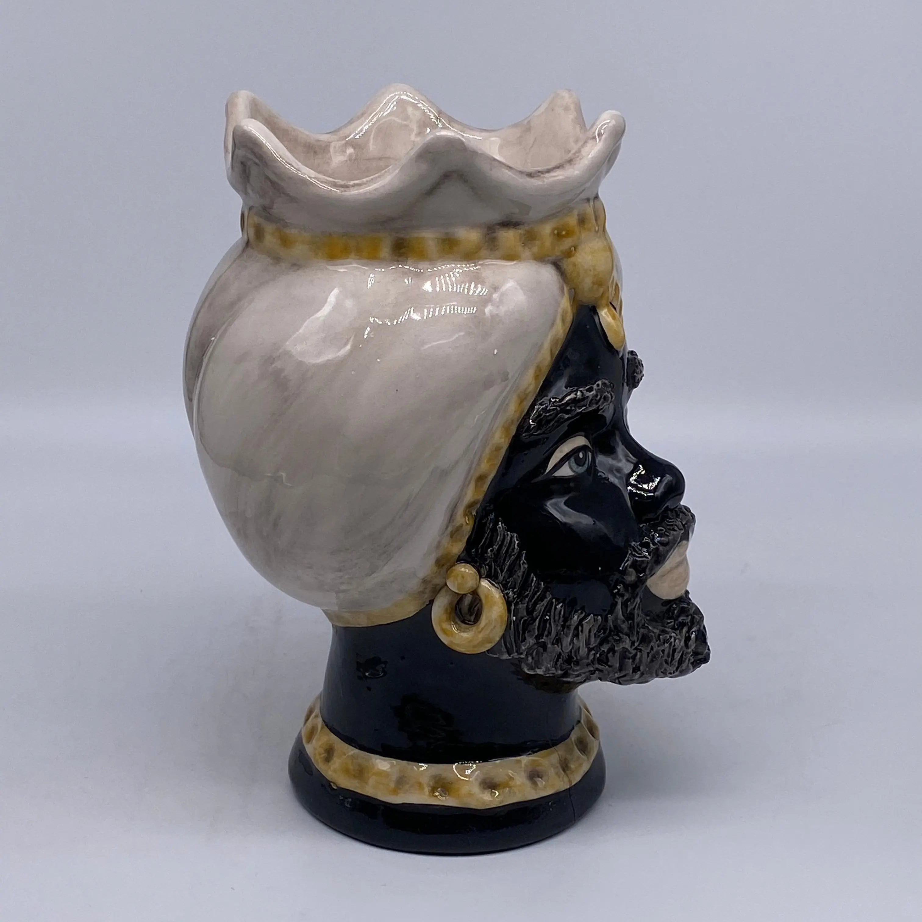 Teste di Moro Luis Ceramica Caltagirone cm H.22 L.15 Artigianale Turbante Liscio Écru Giallo DD CERAMICHE SICILIANE