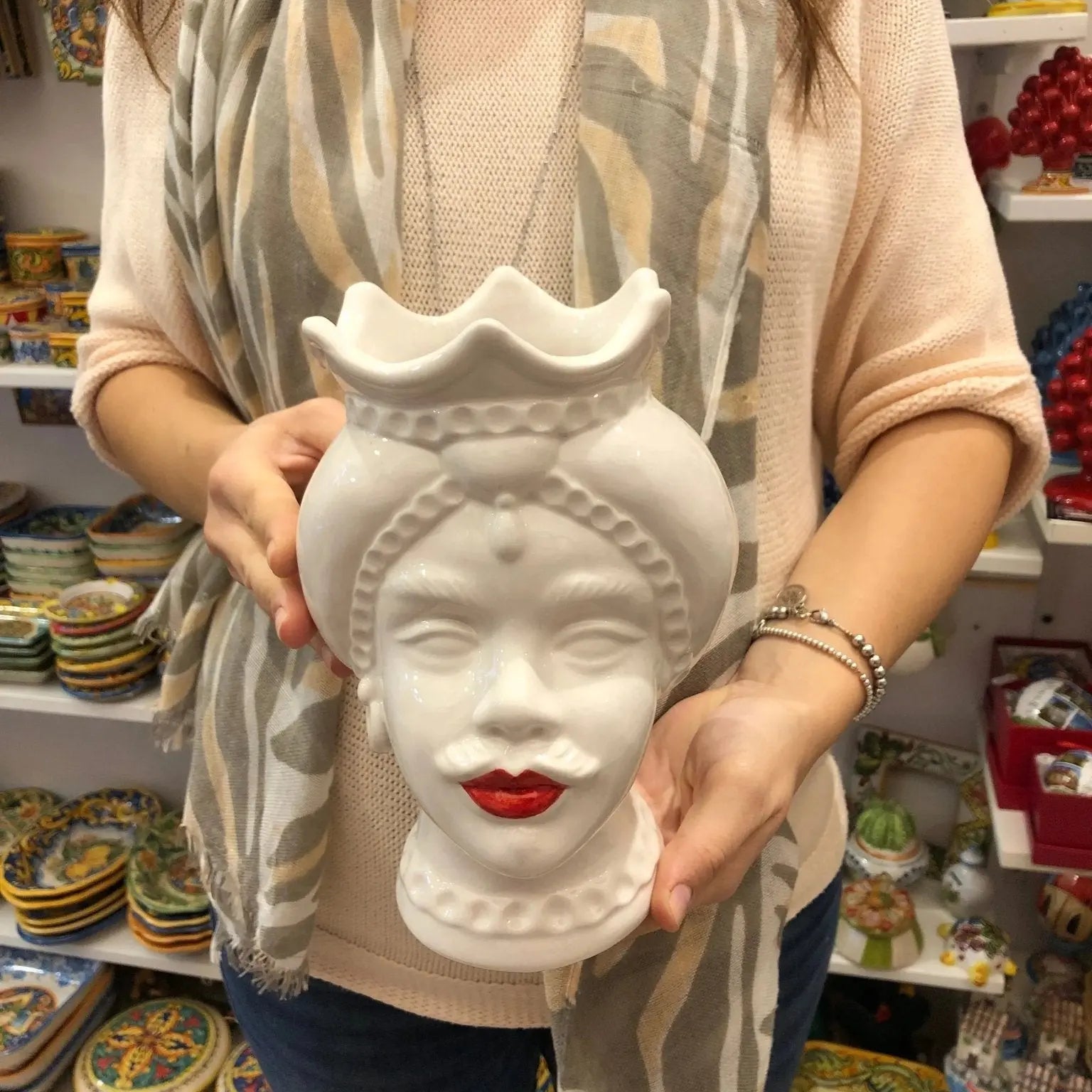 Teste di Moro Luis Ceramica Caltagirone cm H.22 L.15 Artigianale Turbante Liscio Bianco Rosso - DD CERAMICHE SICILIANE