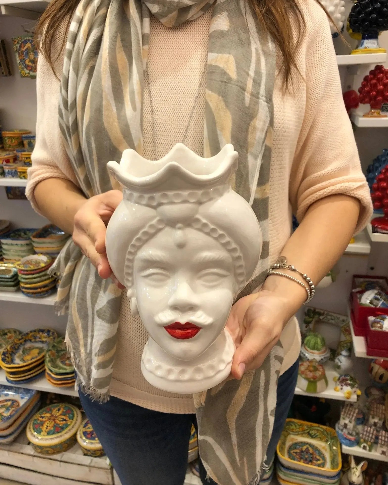 Teste di Moro Luis Ceramica Caltagirone cm H.22 L.15 Artigianale Turbante Liscio Bianco Rosso - DD CERAMICHE SICILIANE