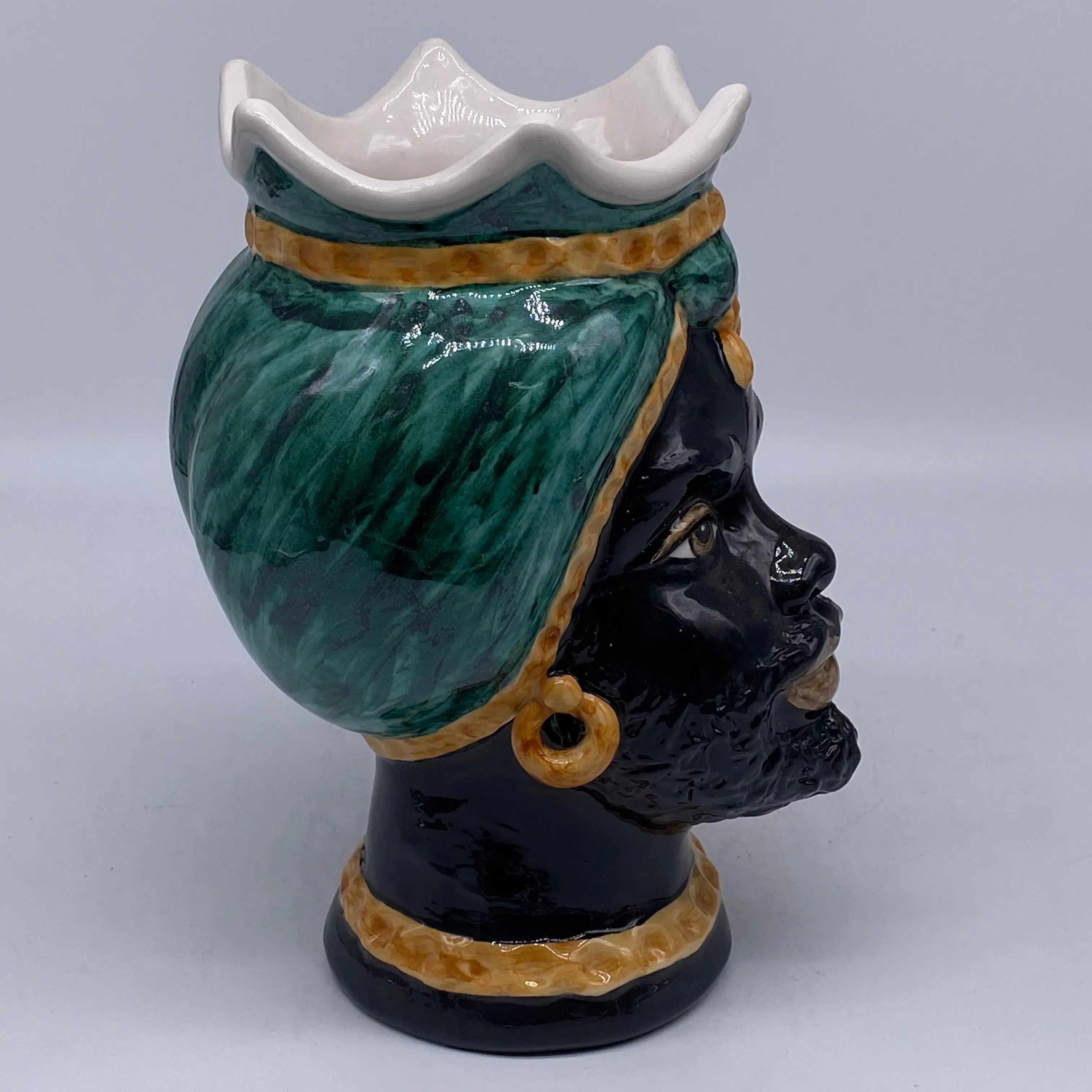 Teste di Moro Luis Ceramica Caltagirone cm H.22 L.15 Artigianale Turbante Liscio Verde Ocra DD CERAMICHE SICILIANE