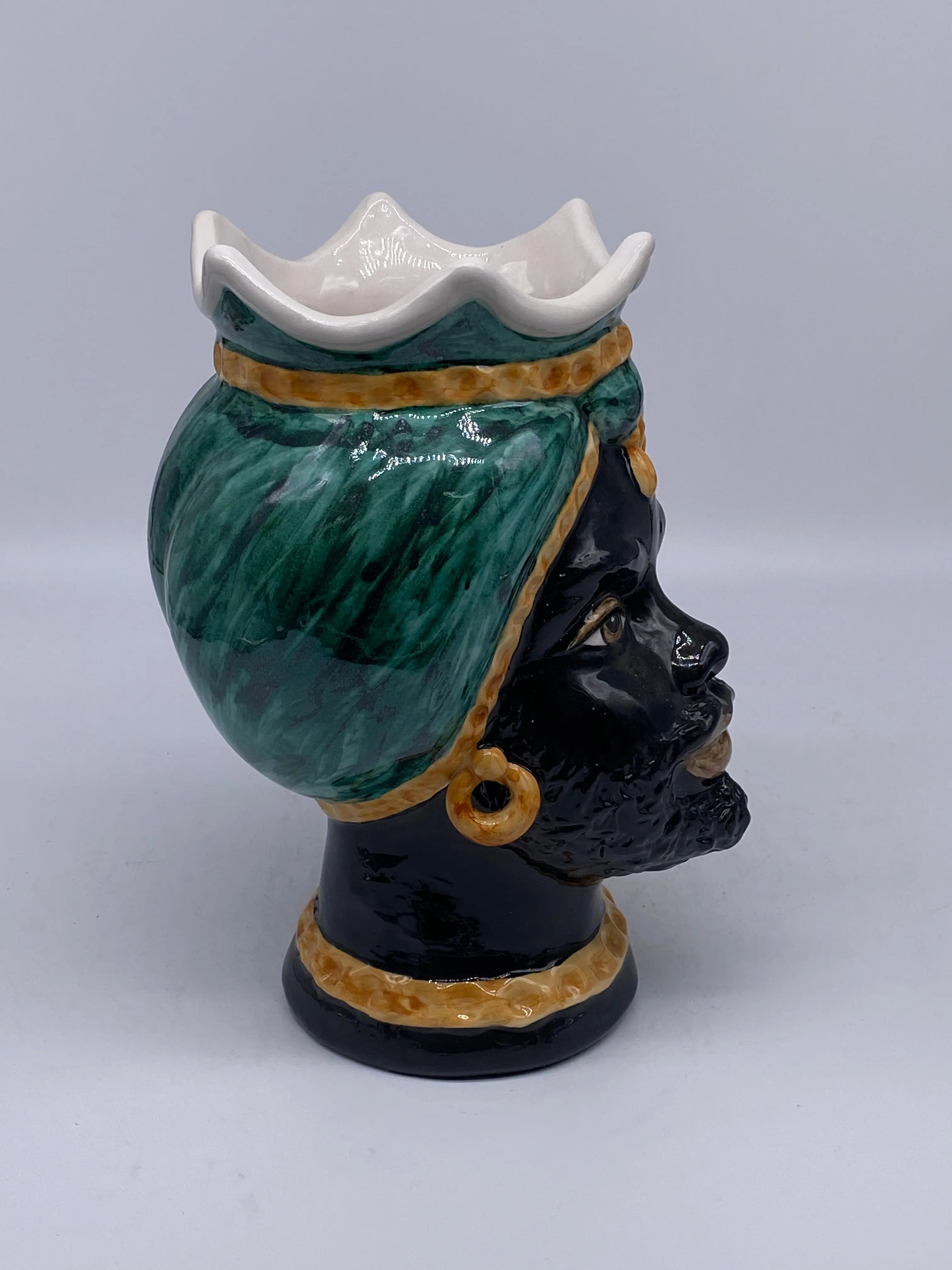 Teste di Moro Luis Ceramica Caltagirone cm H.22 L.15 Artigianale Turbante Liscio Verde Ocra DD CERAMICHE SICILIANE