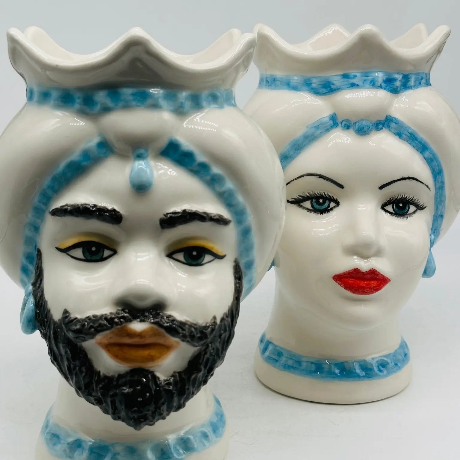 Teste di Moro Luis Ceramica Caltagirone cm H.22 L.15 Artigianale Turbante Liscio Bianco Celeste - TESTA DI MORO