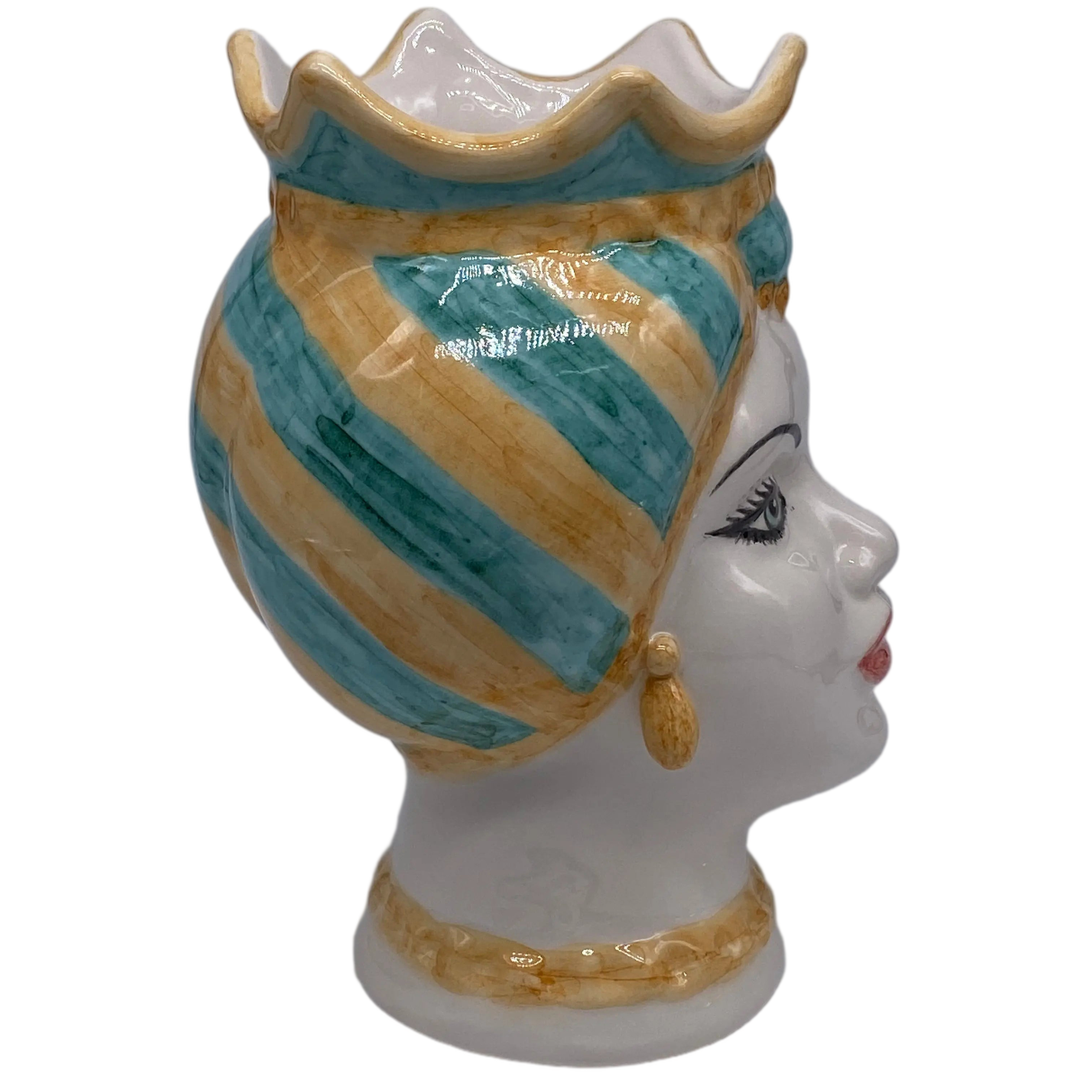 Teste di Moro Luis Ceramica Caltagirone cm H.22 L.15 Artigianale Turbante Liscio Ocra Verde DD CERAMICHE SICILIANE