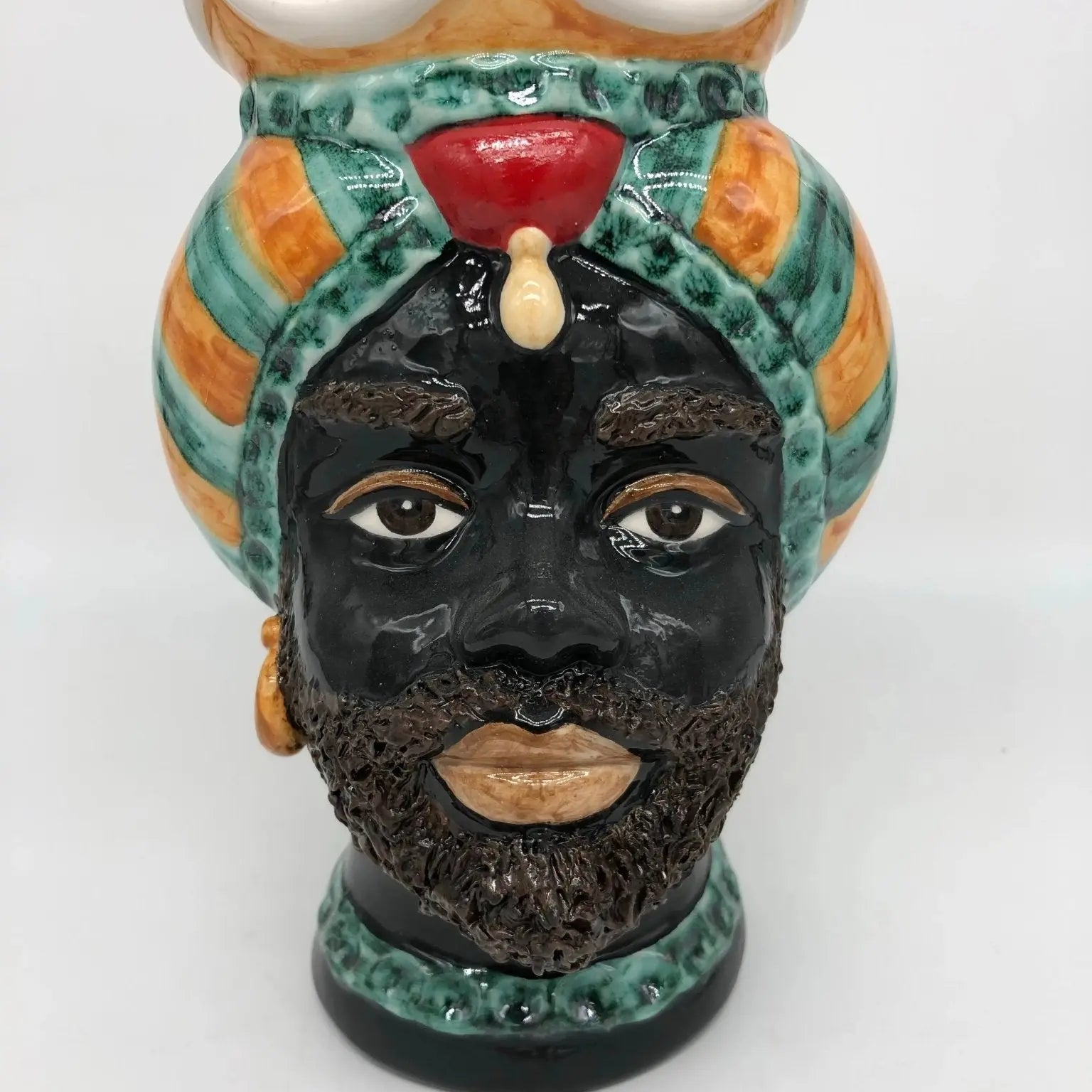 Teste di Moro Luis Ceramica Caltagirone cm H.22 L.15 Artigianale Turbante Liscio Verde Ocra Rosso - DD CERAMICHE SICILIANE
